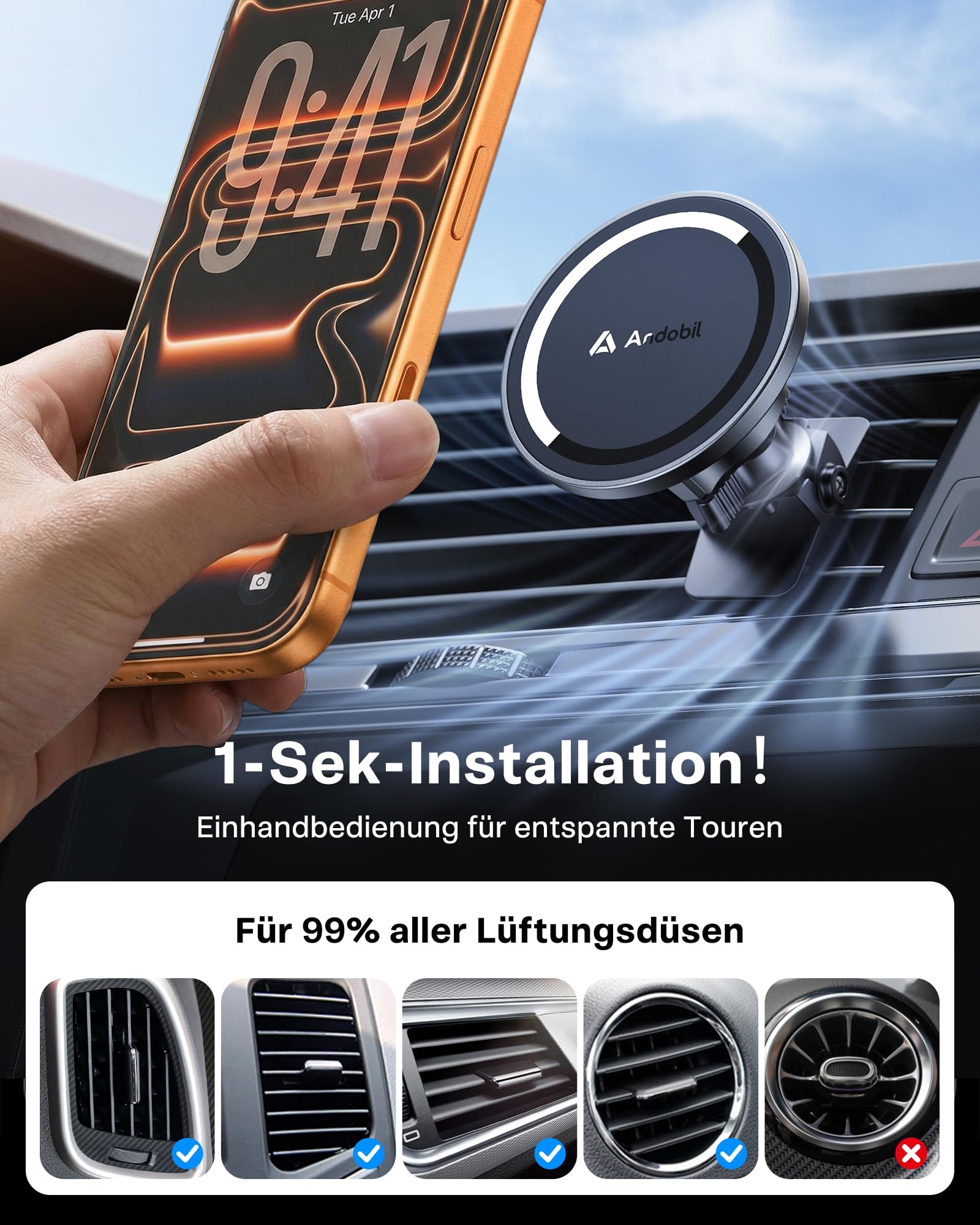 andobil 2026 Upgrade Handyhalterung Auto Magnet [24 x N56 Starker Magnet] für Magsafe Autohalterung, Handy Halterung Auto Lüftung Kompatibel mit iPhone 17 16 15 14 13 Pro Max Samsung S26 25 Ultra usw