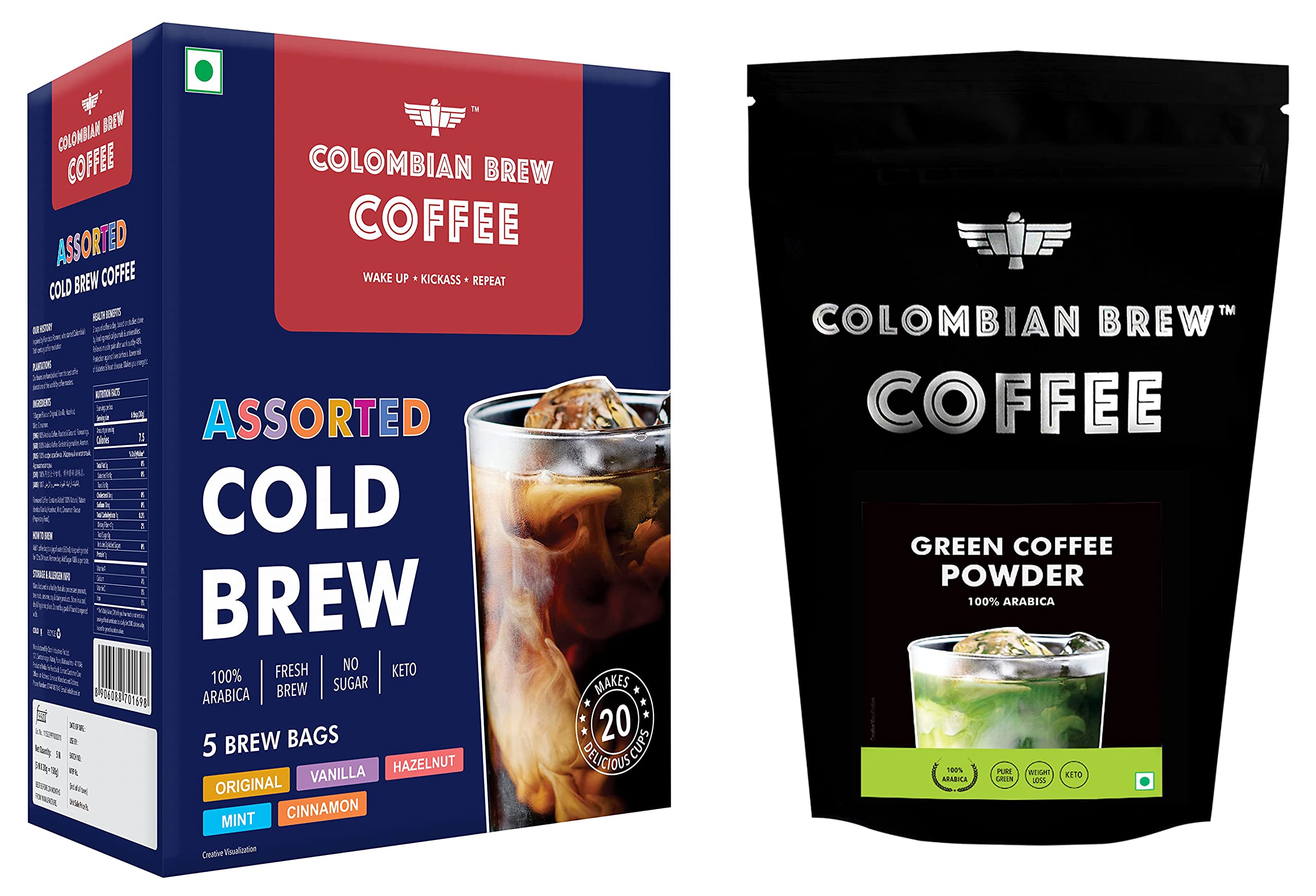 Colombain Brew Coffee Arabica Assorted Cold Brew Original, Vanilla, Hazelnut, Mint, Cinnamon, 5 Brew Bags, 20 Cups & Colombian Brew Coffee, 100% Arabica Green Coffee Powder 200g