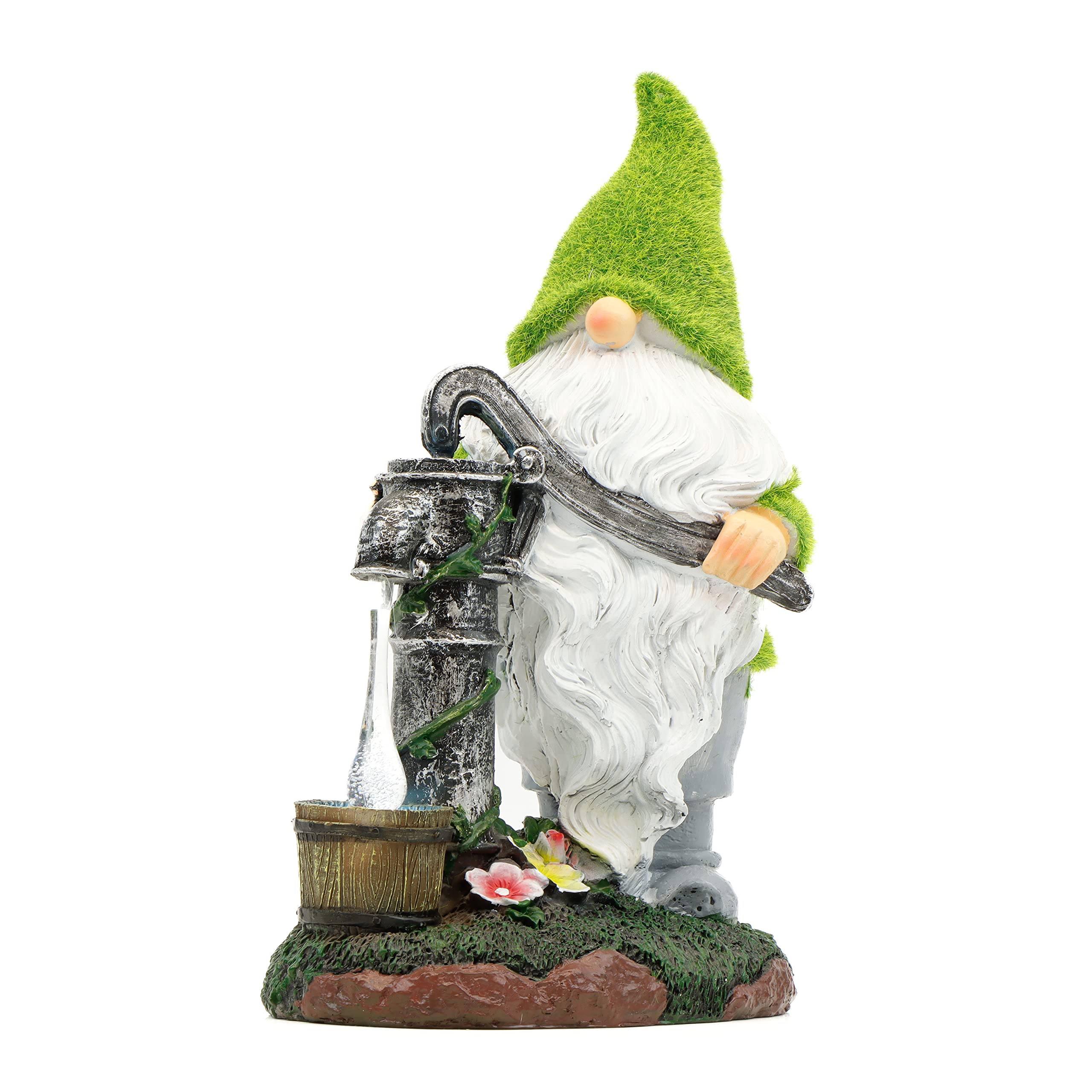 Gardenwize Grey/Green Solar Garden Gnome Statue With Water Pump, Solar Powered Garden Ornament With Led Light, Eco-Friendly Outdoor Garden Decoration