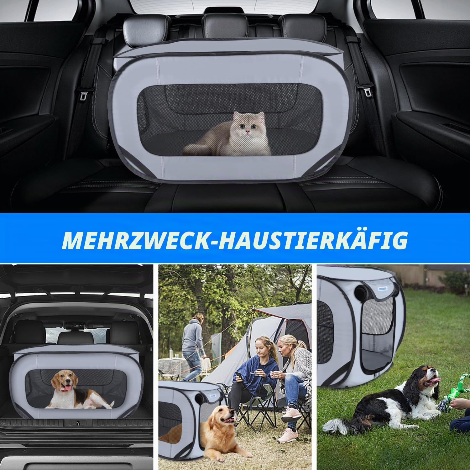 Nobleza Tragbarer Käfig für Hunde und Katzen im Auto, Faltbarer Laufstall für Hunde, 210D Versilbertes Wasserdichtes Oxford-Gewebe, Haustier-Laufstall, Geeignet für Drinnen und Draußen, 93*54*54 cm