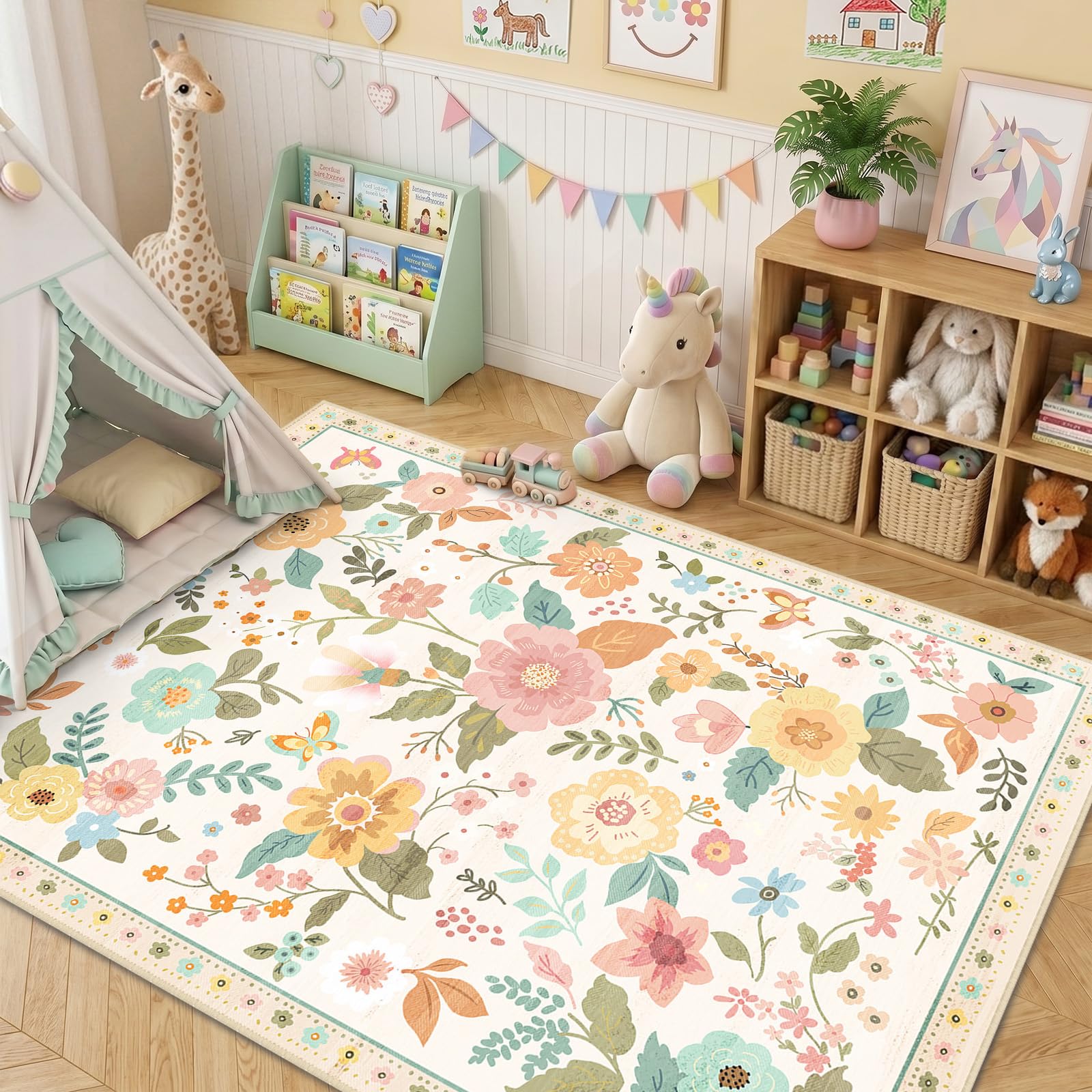 RELEANY Floral Nursery 4x6 Area Rugs Washable Print Boho Cute Carpet Non Slip Flower Low Pile for Living Room Kids Girls Playroom Bedroom Kitchen Office Farmhouse-Beige/White/Orange