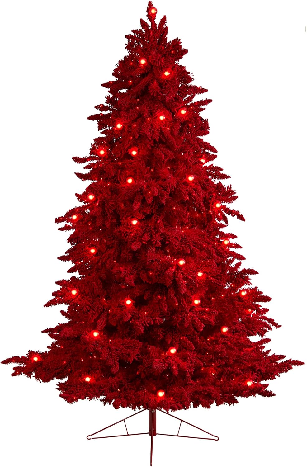 Nearly Natural 4ft. Red Flocked Fraser Fir Artificial Christmas Tree with 100 Red Lights, 14 Globe Bulbs and 270 Bendable Branches