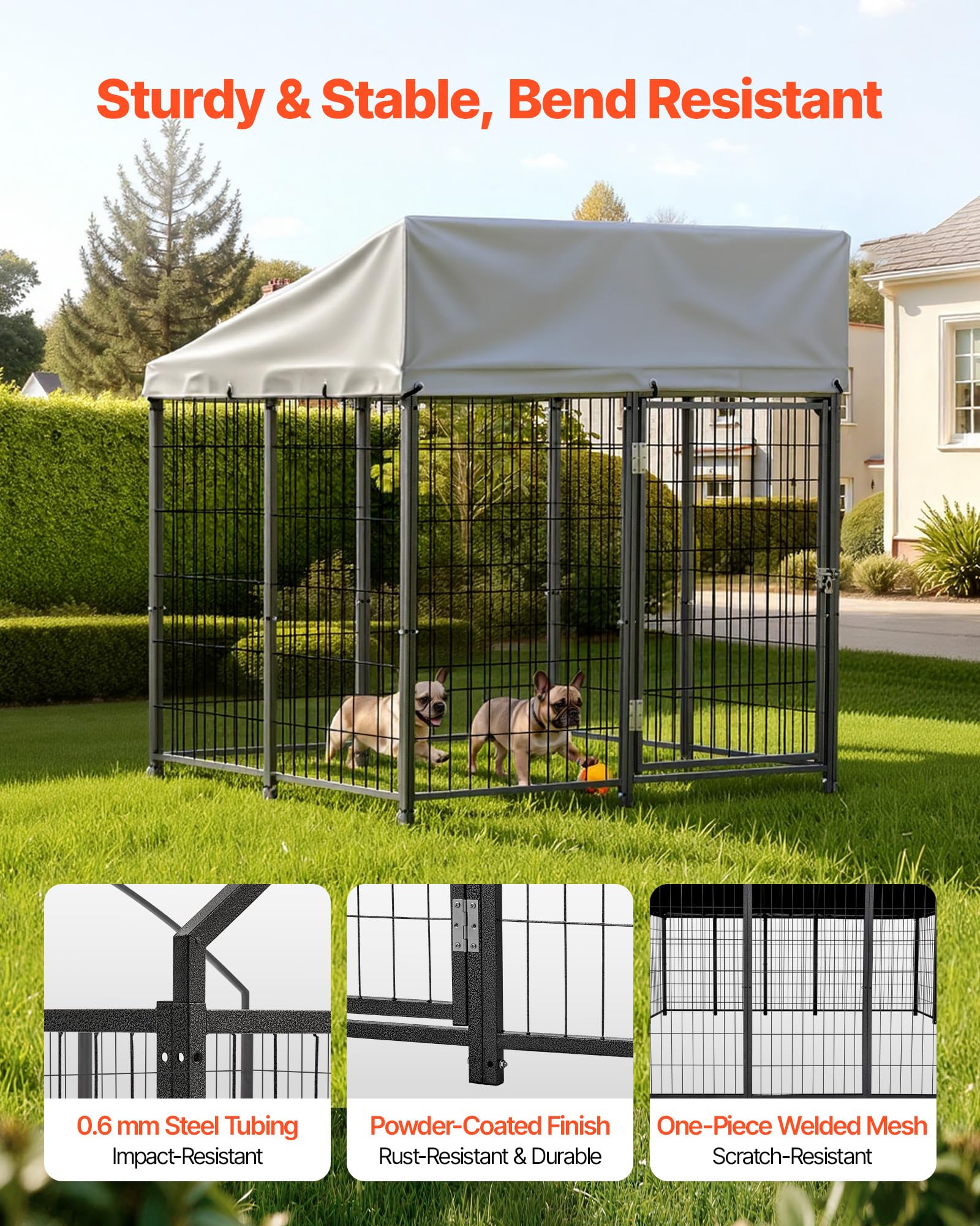 VEVOR Perrera de Exterior, 1,12 x 1,15 x 1,25 m, Parque para Perros con Cerradura y Toldo, Anti-UV Impermeable, Marco Metálico, Caseta de Malla para Perros Medianos en Patio Jardín Terraza, Negro