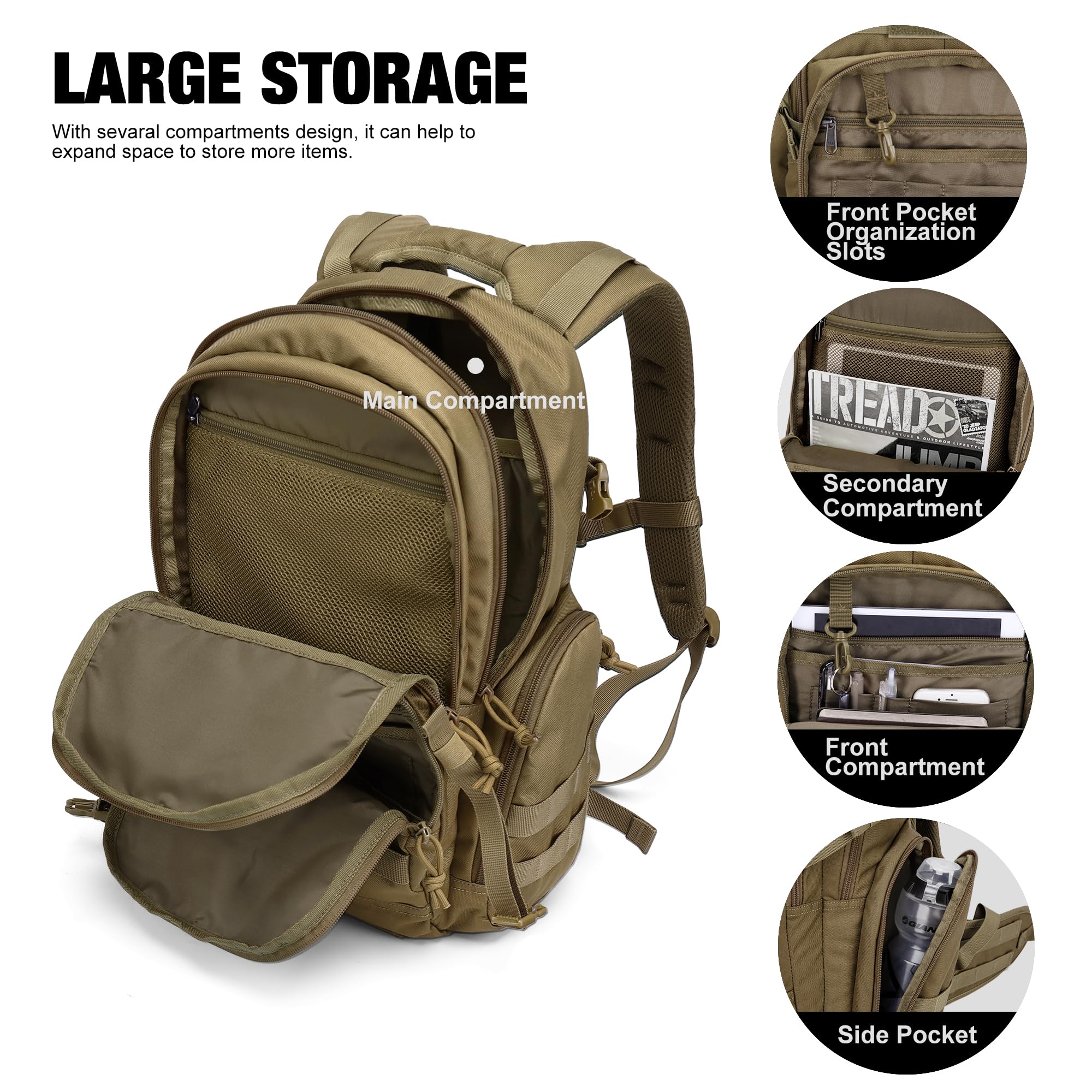 Mardingtop 25L/40L Wojskowy plecak taktyczny plecak podróżny turystyka, Brązowy, 25L, militarny | Torba trekkingowa na sprzęt outdoorowy plecak szturmowy z systemem MOLLE Torba trekkingowa na kemping