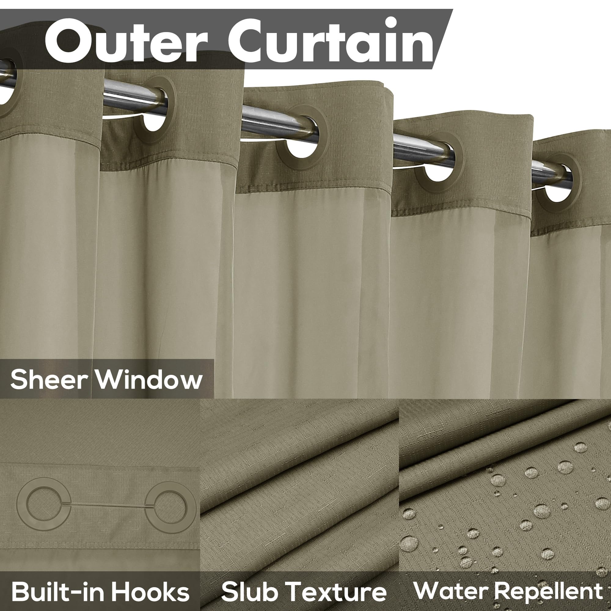 No Hook Slub Textured Shower Curtain with Snap-in PEVA Liner Set, 71" x 74"(72"), Hotel Style with See Through Top Window - Image 3