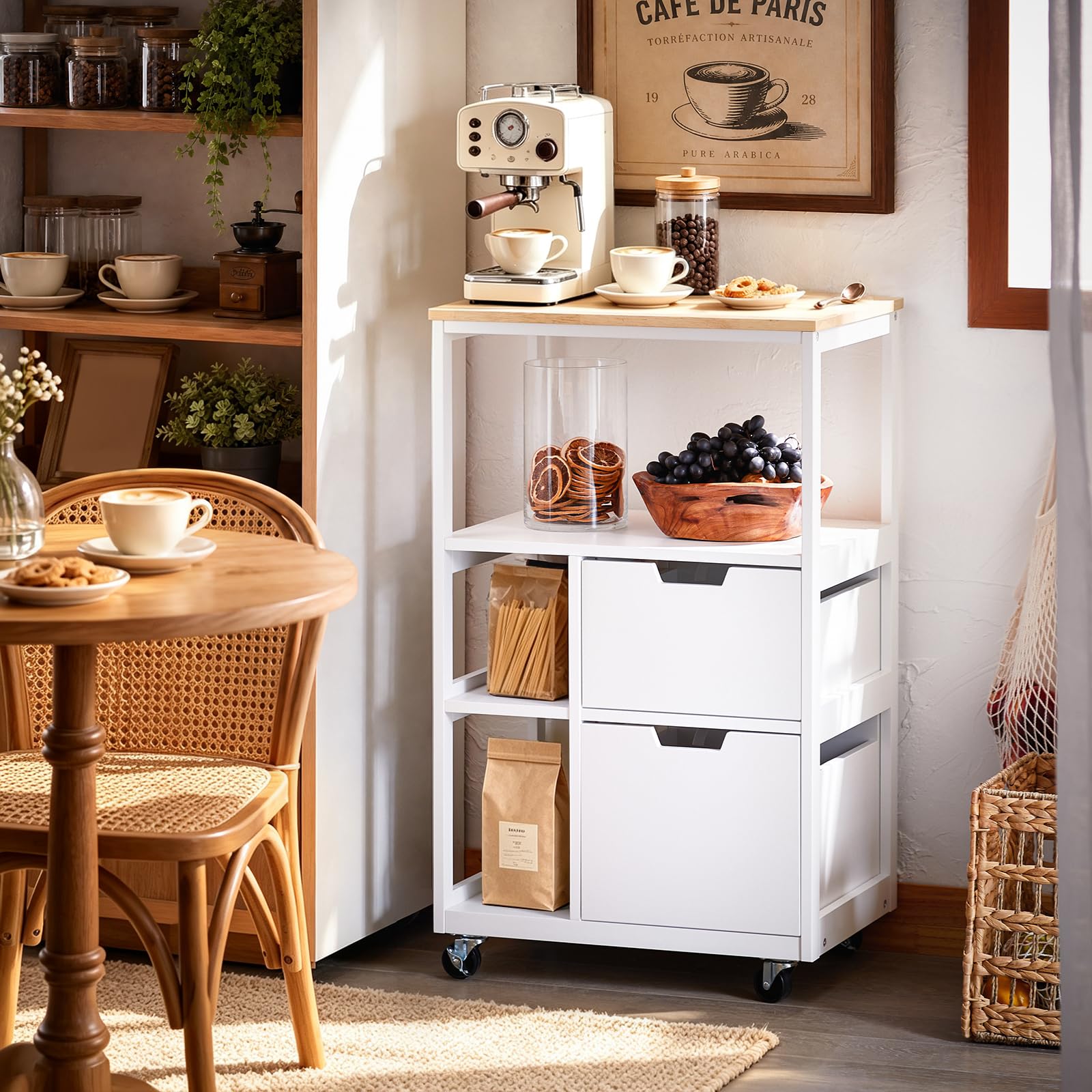 SoBuy Desserte Cuisine avec Freins, 2 tiroirs, 3 étagères, 89x53x37 cm | Chariot de Cuisine avec plan stable et poignée intégrée, 42 kg de charge, PB/métal, cuisine/maison, Blanc-Naturel, FKW111-WN