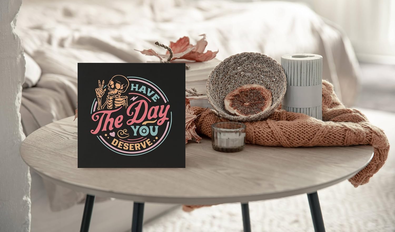 KEUSPI Motivational Quotes Have the Day You Deserve Skeleton Skull Inspirational Saying Wood Block Plaque Box Sign Desk Decor for Home Office Wall Tabletop Shelf Decoration… image 4