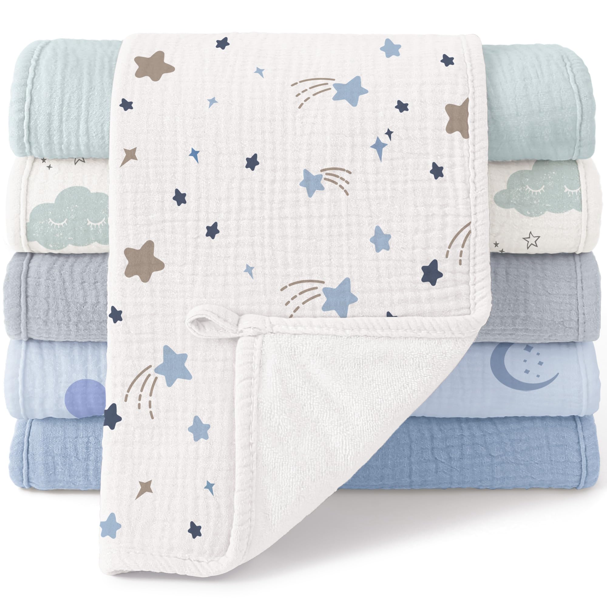 bearmoss Bambino in Mussola Per Neonati, 6 Pezzi, Set 50 X 25 Cm, Super Morbido Assorbente in Mussola A Grana Per Neonati, Unisex, Per Bambine E Ragazzi (Fiori blu)