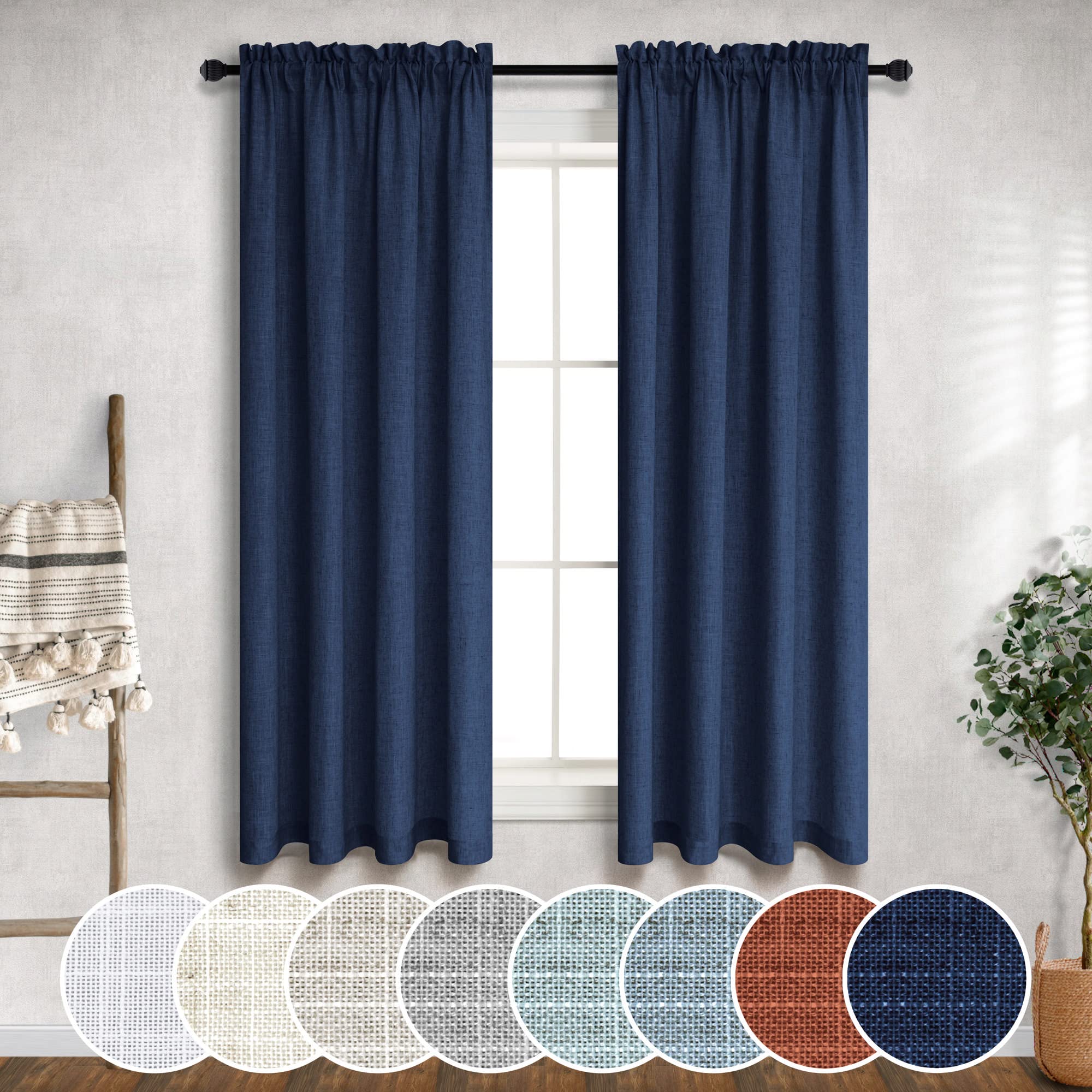 Navy Blue Curtains 38 Inch Width for Kitchen Farmhouse Pair 2 Panels Set Rod Pocket Light Reducing Semi Sheer Linen Dark Blue Curtains for Bathroom