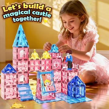 Coodoo Diamond Magnetic Tiles Magnetic Building Blocks STEM Sensory Toy for Boys Girls Pink Castle Dollhouse Pretend Princess Toys for 3 4 5 6 Year Old Girls Toys Birthday Xmas Present