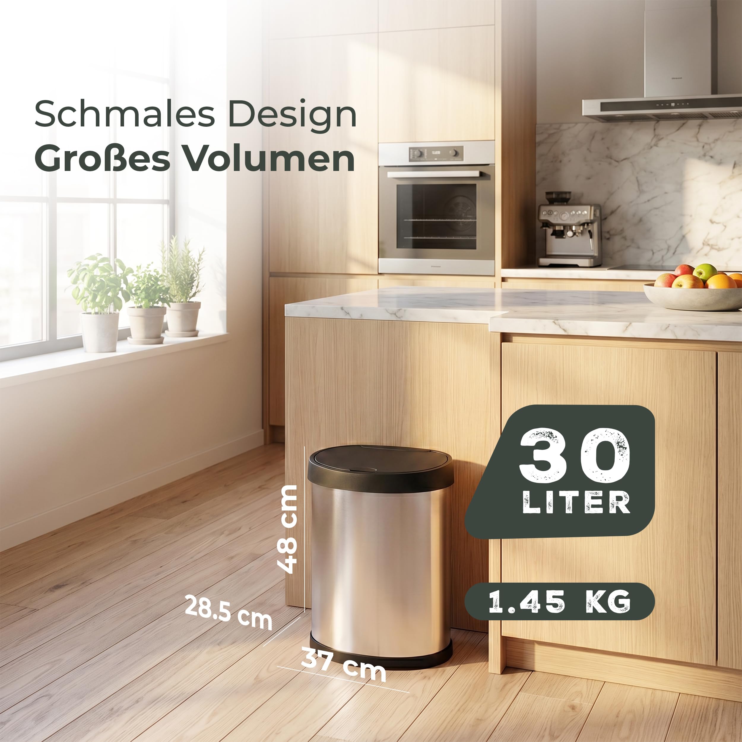 Novaliv Juego de 3 cubos de basura Touch de 30 L, color plateado, con botón táctil, una mano, sin pedal ni pilas, delgados con fijación de bolsa, plástico