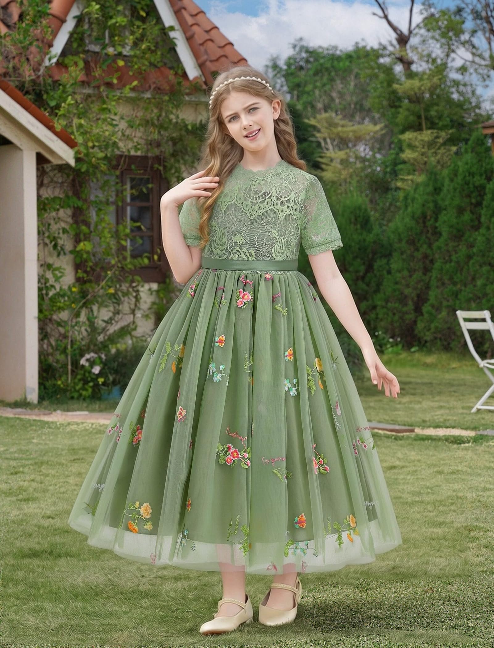 Abito da bambina in pizzo, a maniche corte, girocollo, in tulle, da principessa, per compleanno, damigella d'onore, matrimonio, festa, cerimonia, prima comunione