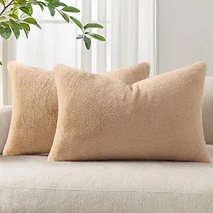 Pallene Faux Fur Plush Lumbar Throw Pillow Covers 12x20 Set of 2, Soft Fluffy Couch Pillow Covers for Living Room, Khaki