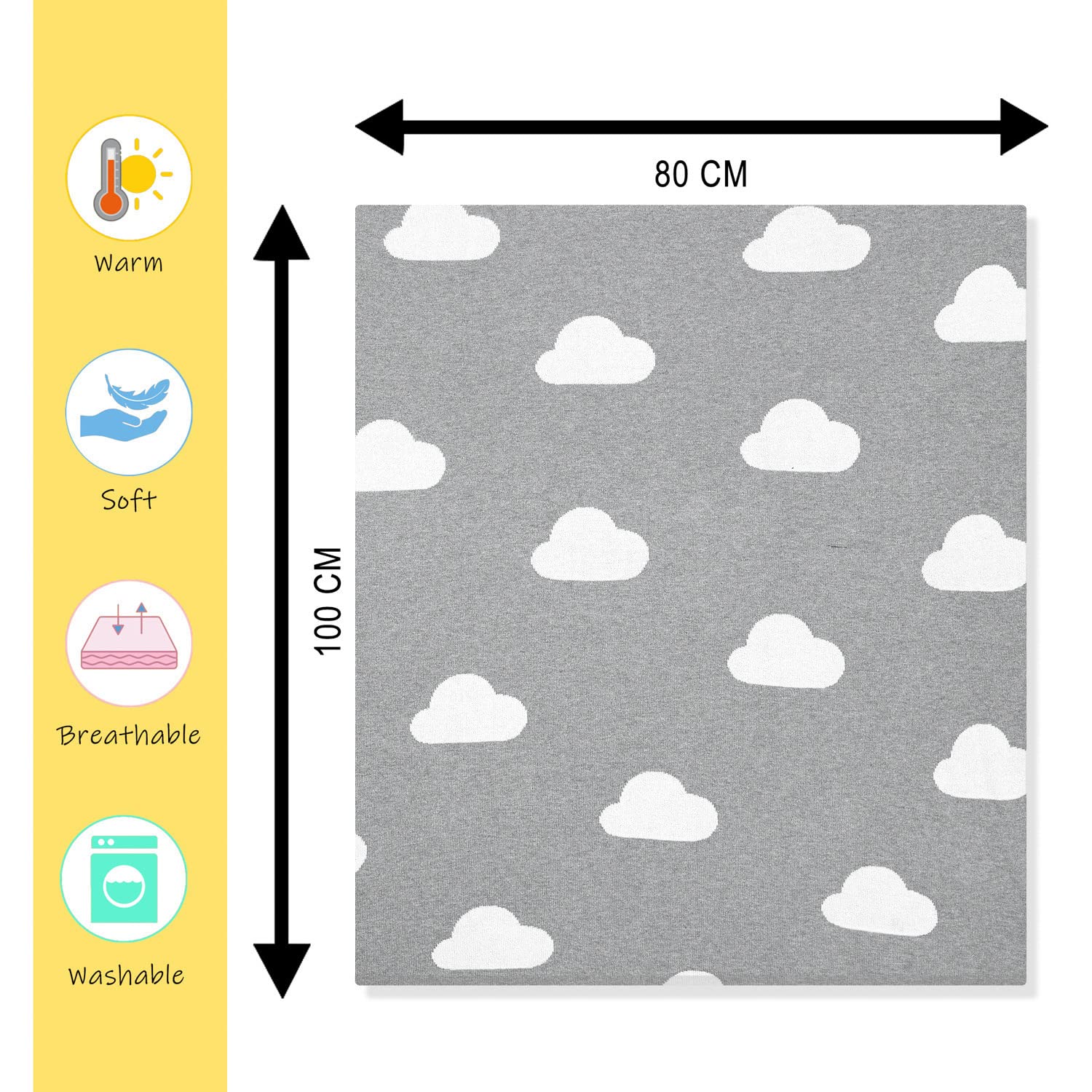 Nevni Cloud Print Knitted Soft Cotton Reversible Baby Blankets for Newborn Boy Girls Grey, 80 cm x 100 cm - Image 3