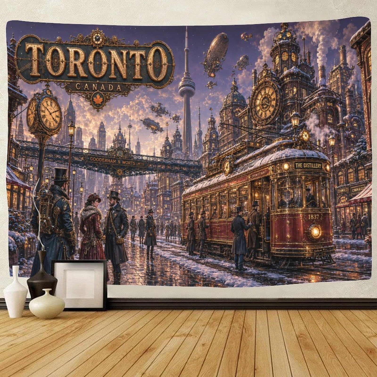 GPMNBCXZK Steampunk Toronto Streetscape 3D Print Wall Tapestry Wall Art Decor Tapestries Home Decoration Curtain Living Room College Dorm 180cmx230cm