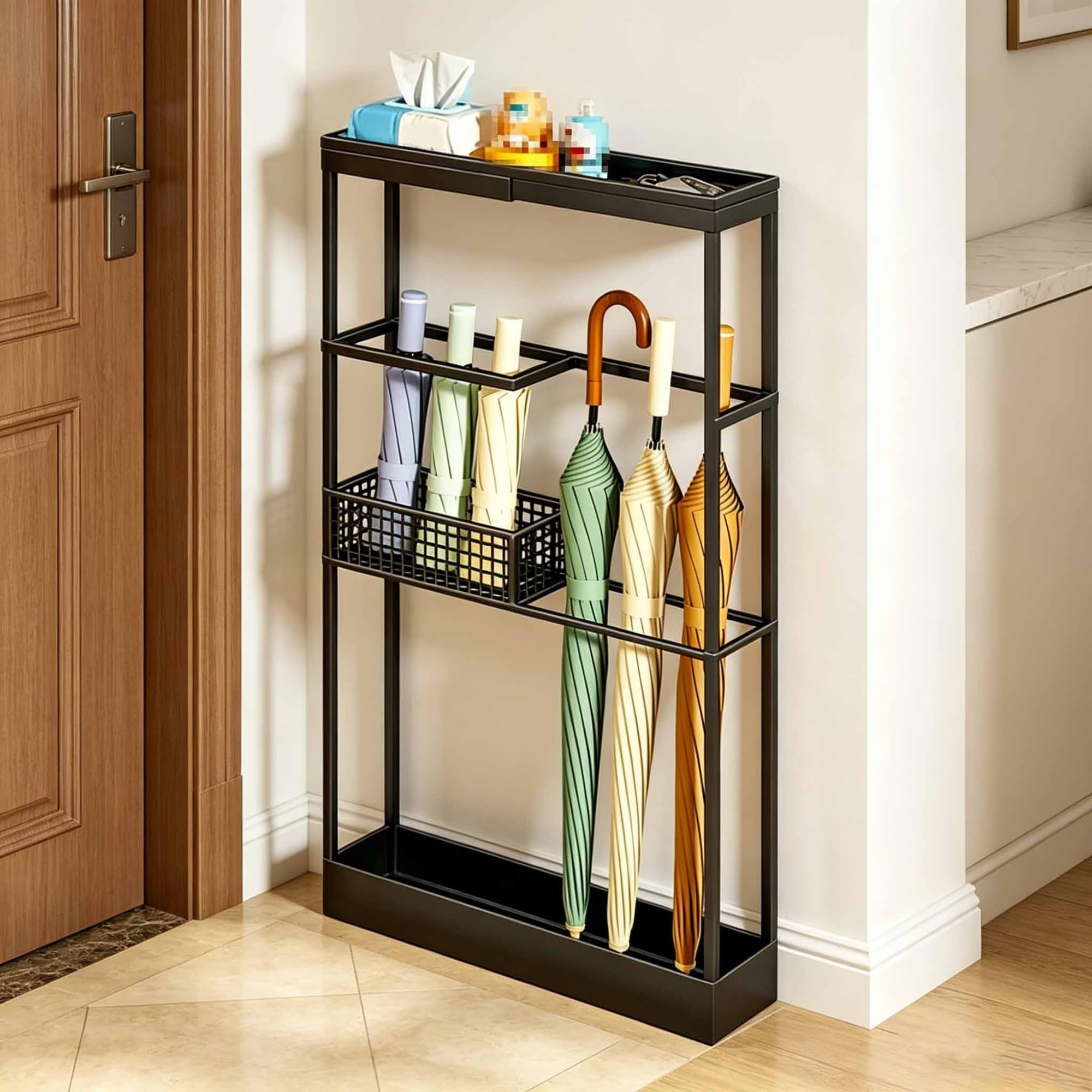 Asiwnshw Umbrella Stand Indoor Entryway, Iron Umbrella Holder Rack, Umbrella Holder Bin, Freestanding Bucket for Umbrellas, Canes, Walking Sticks (40 * 9 * 68cm)(Black)