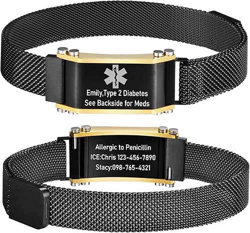 VNOX - Pulseras de identificación y alerta médica para hombres, mujeres y niños, con grabado, malla ajustable de acero inoxidable, para emergencias