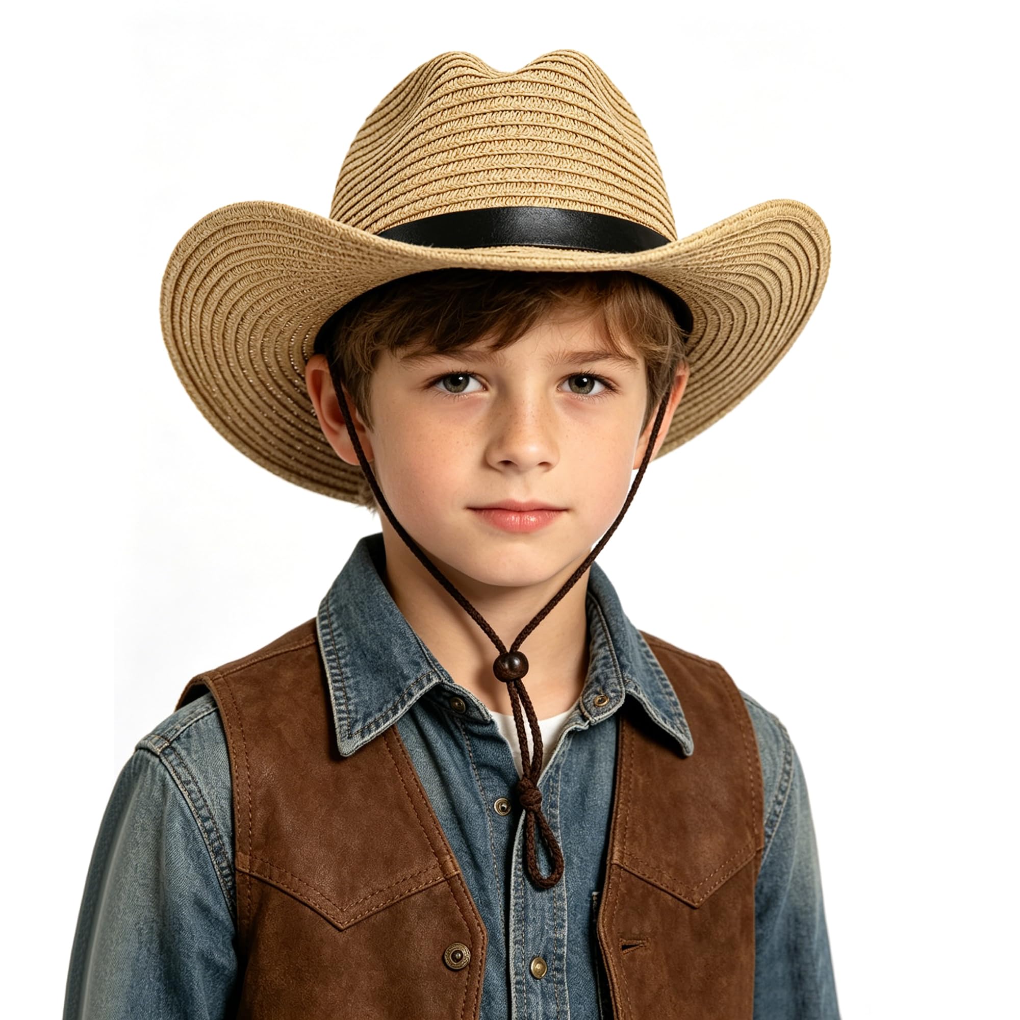 JIAHG Chapeau de Paille Enfant 3-8 Ans Chapeau de Cow-Boy Western Panama UV Protection avec Mentonnière Casquette Visière de Soleil Plage Voyage Camping Randonnée
