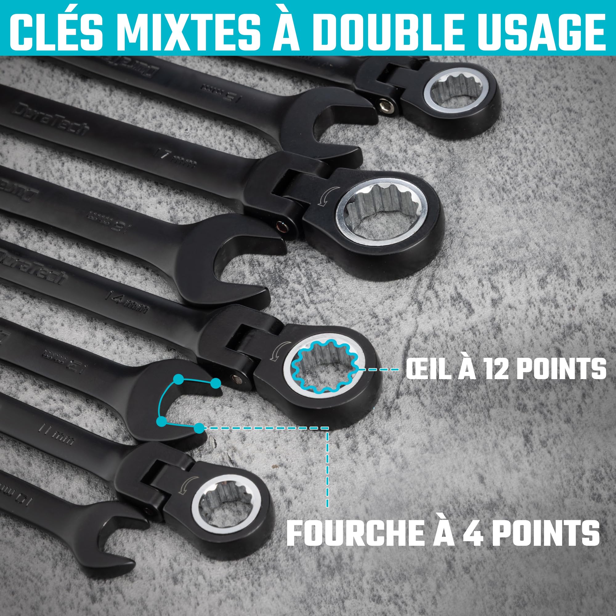 DURATECH Jeu de Clés Mixtes à Cliquet Tête Flexible, 9 Pièces, Noir Électro | 8–17 mm, Cliquet 72 Dents, Acier Cr-V, Tailles Métriques, Pochette Enroulable