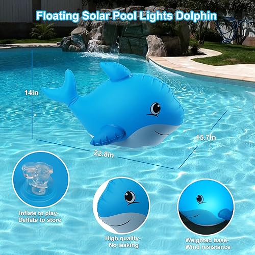 Miniatura 5 de Goallim Luces solares flotantes para piscina, delfín, luces de piscina alimentadas por energía solar que flotan, IP68 a prueba de agua, inflables