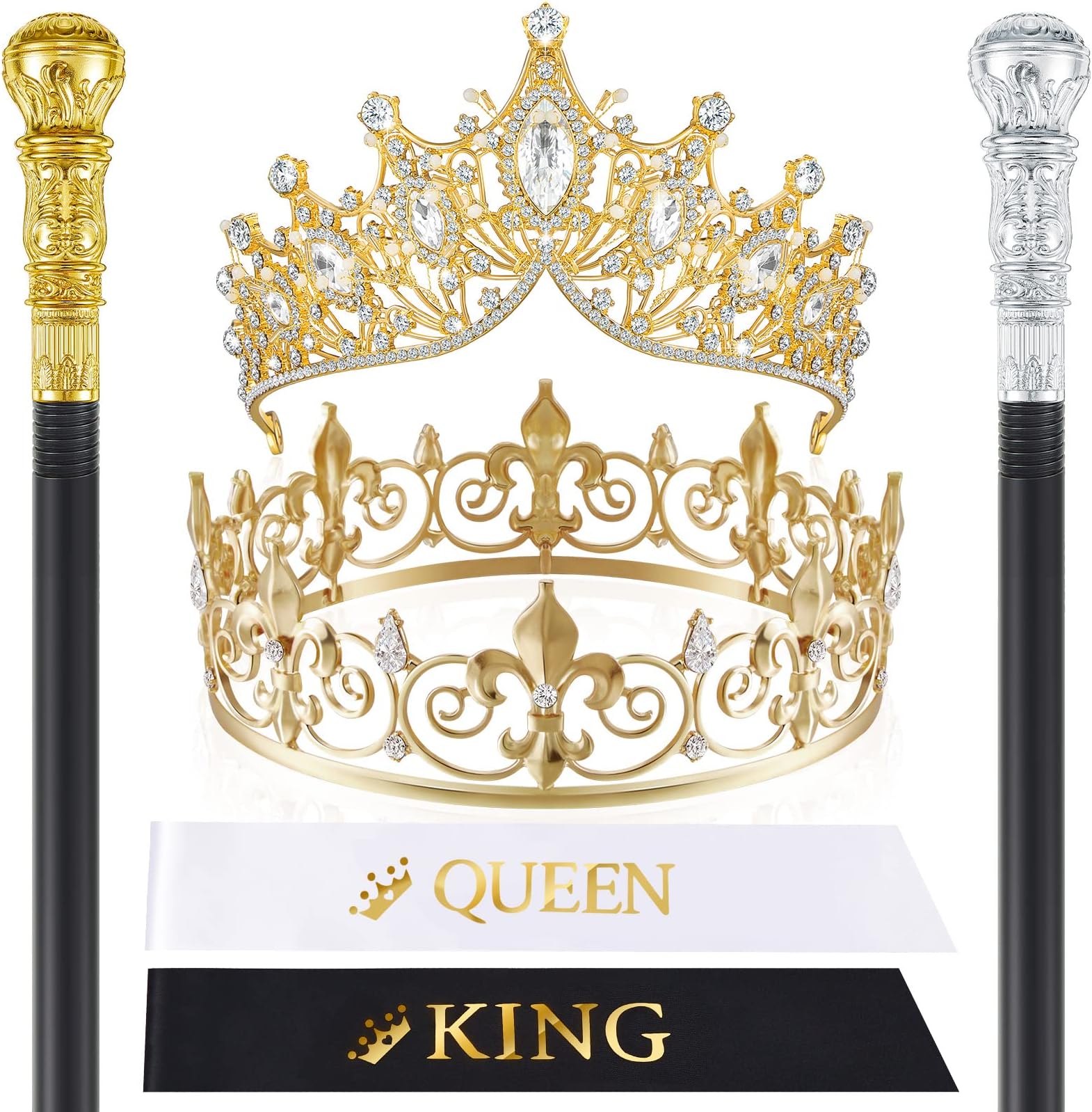 Whaline 4Pcs Prom King and Queen Crowns Sashes Set Black