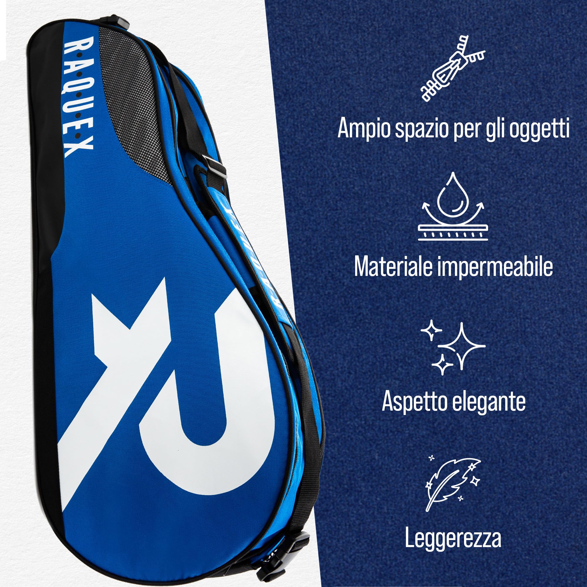 Raquex Borsa da Tennis – Borsa Racchette per Tennis, Badminton e Squash. Blu, Nero o Magenta. Borsa da Badminton, può contenere fino a 6 racchette + accessori + scarpe da ginnastica