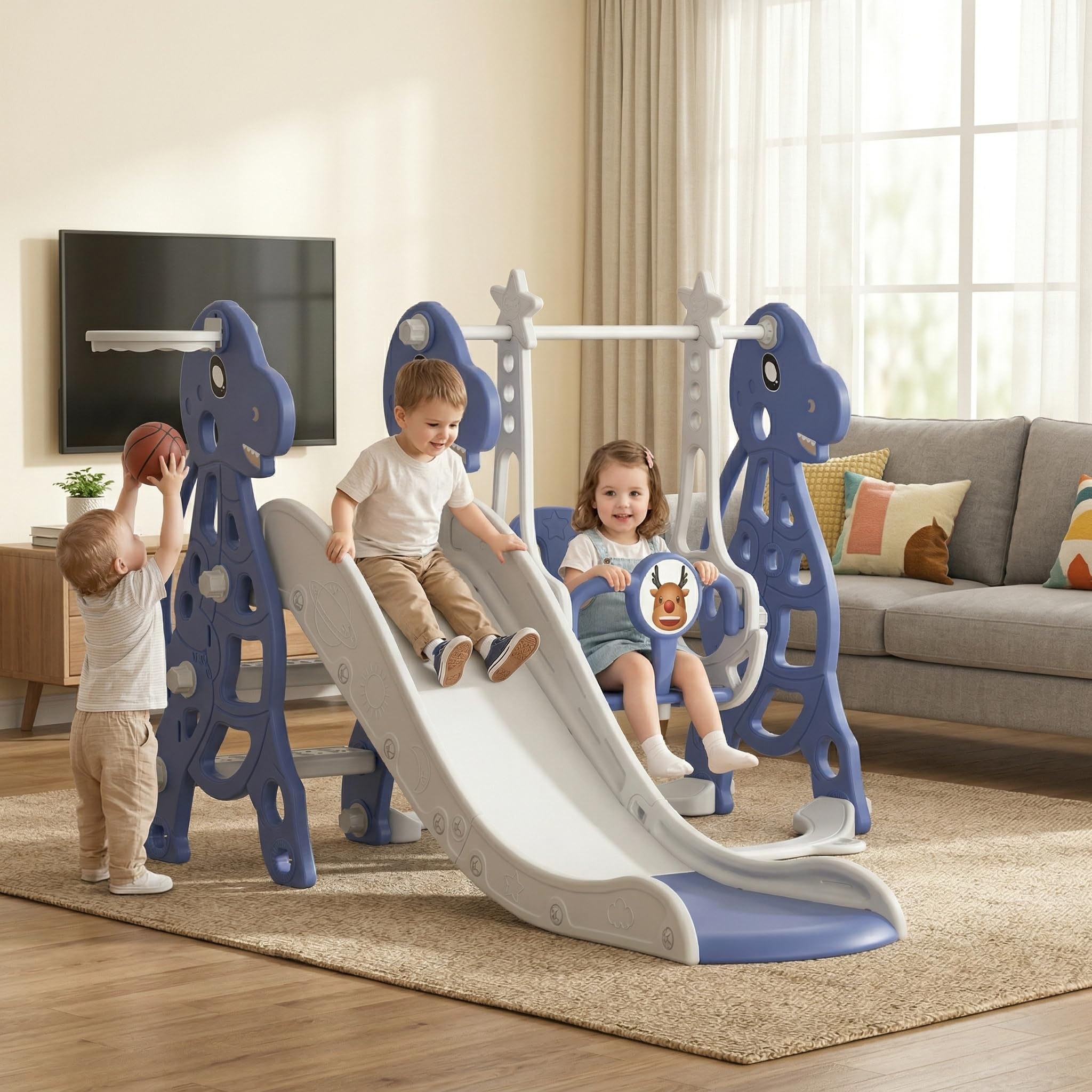 YUENFONG Scivolo e altalena per bambini 3 in 1 con cestino da basket, divertente scivolo pieghevole per bambini a partire da 1 anni, carico massimo 50 kg (tipo B)