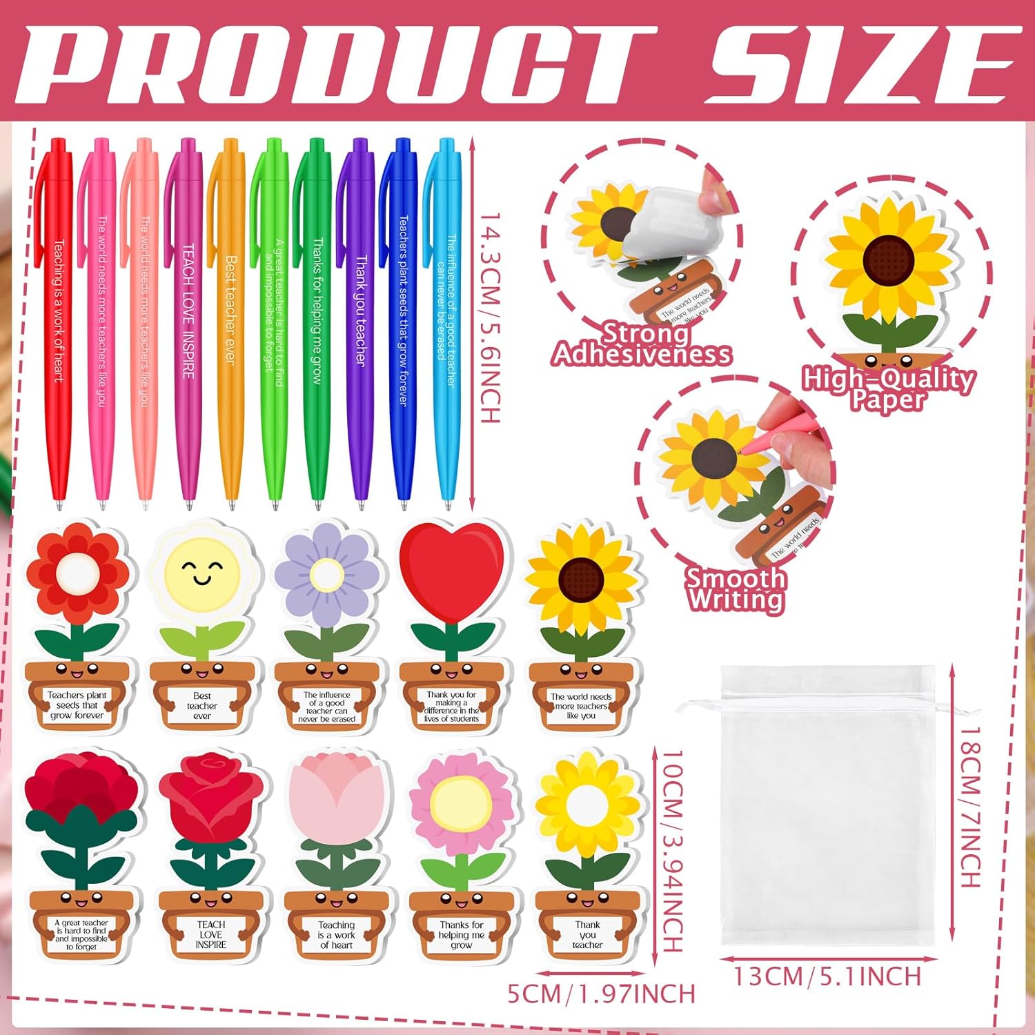 Kosiz 30 Set/90 Pcs Teacher Appreciation Gifts Bulk Flower Shaped Notepad Sticky Note with Pen Organza Bag End of Year Teacher Gifts from Student Thank You Present for Office School Classroom Supplies