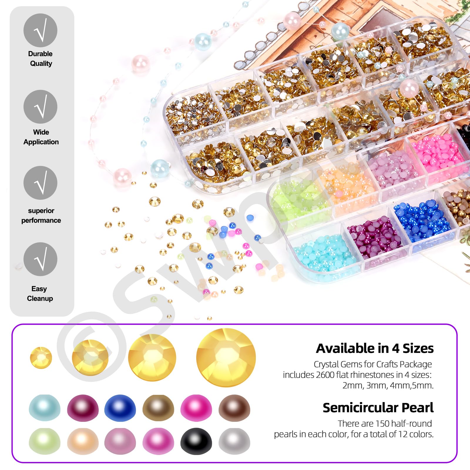 Swpeet 4403 PCS 2mm 3mm 4mm 5mm jaune cristal plat strass et 12 couleurs 3mm demi - cercle arrière plat Pearl combo Kit, y compris tweezer dot Tool Picking Pen, idéal pour la manucure bricolage