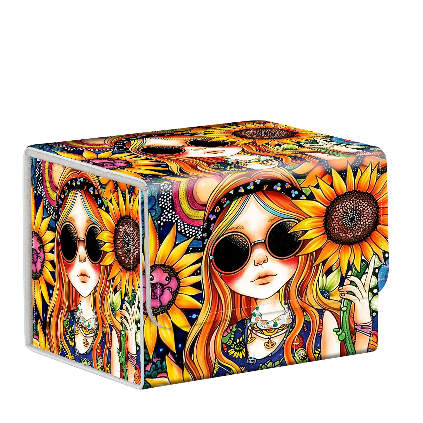 ETLKJVBL MTG Card Storage Solution - Card Box for Commander Decks, High Capacity Anime Card Sleeves, Deck Box, Hippie Girl With Sunflowers