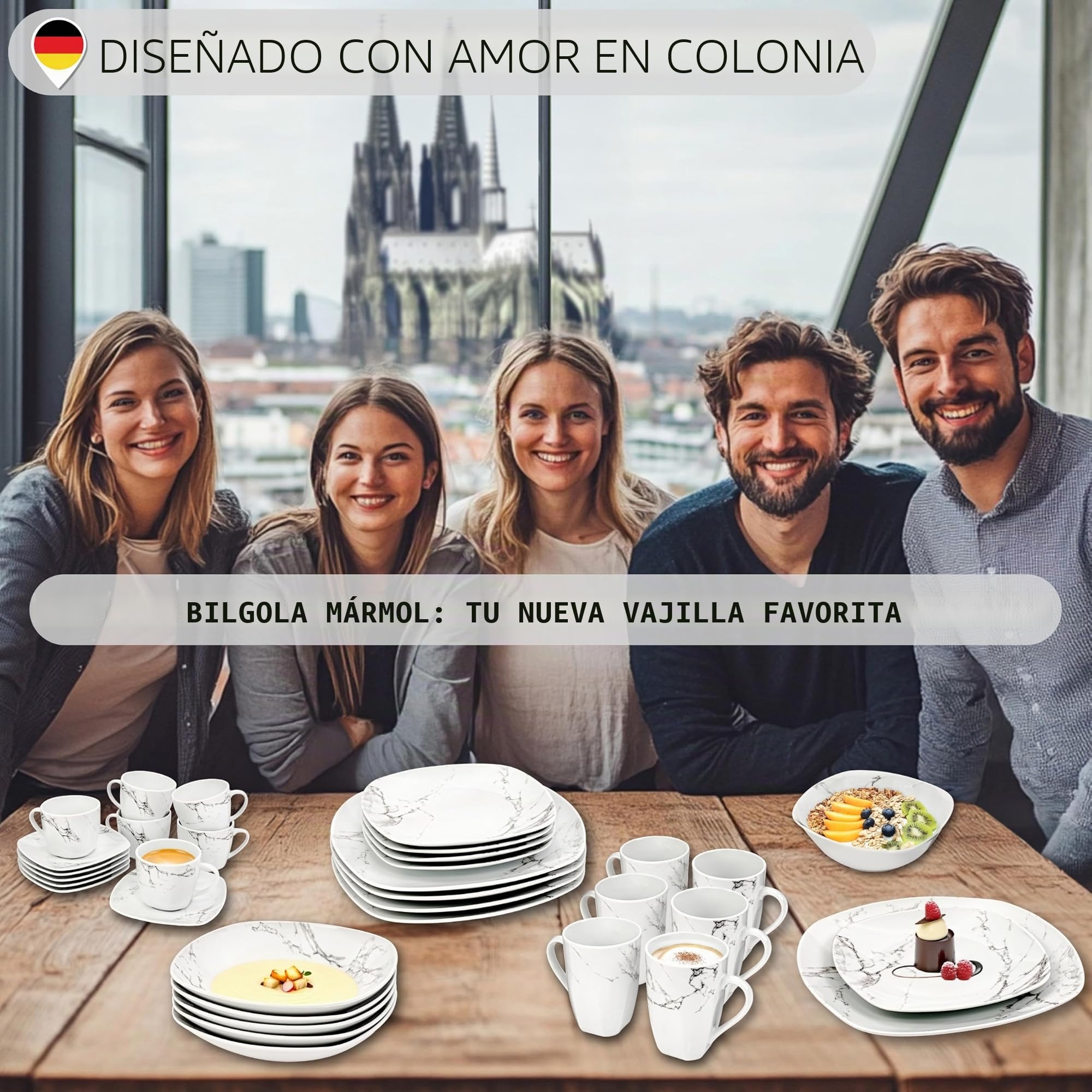 SÄNGER Vajilla Bilgola de mármol blanco, juego de 18 piezas para 6 personas con platos de sopa y postre y platos llanos de porcelana, juego de platos, vajilla rectangular, colección premium