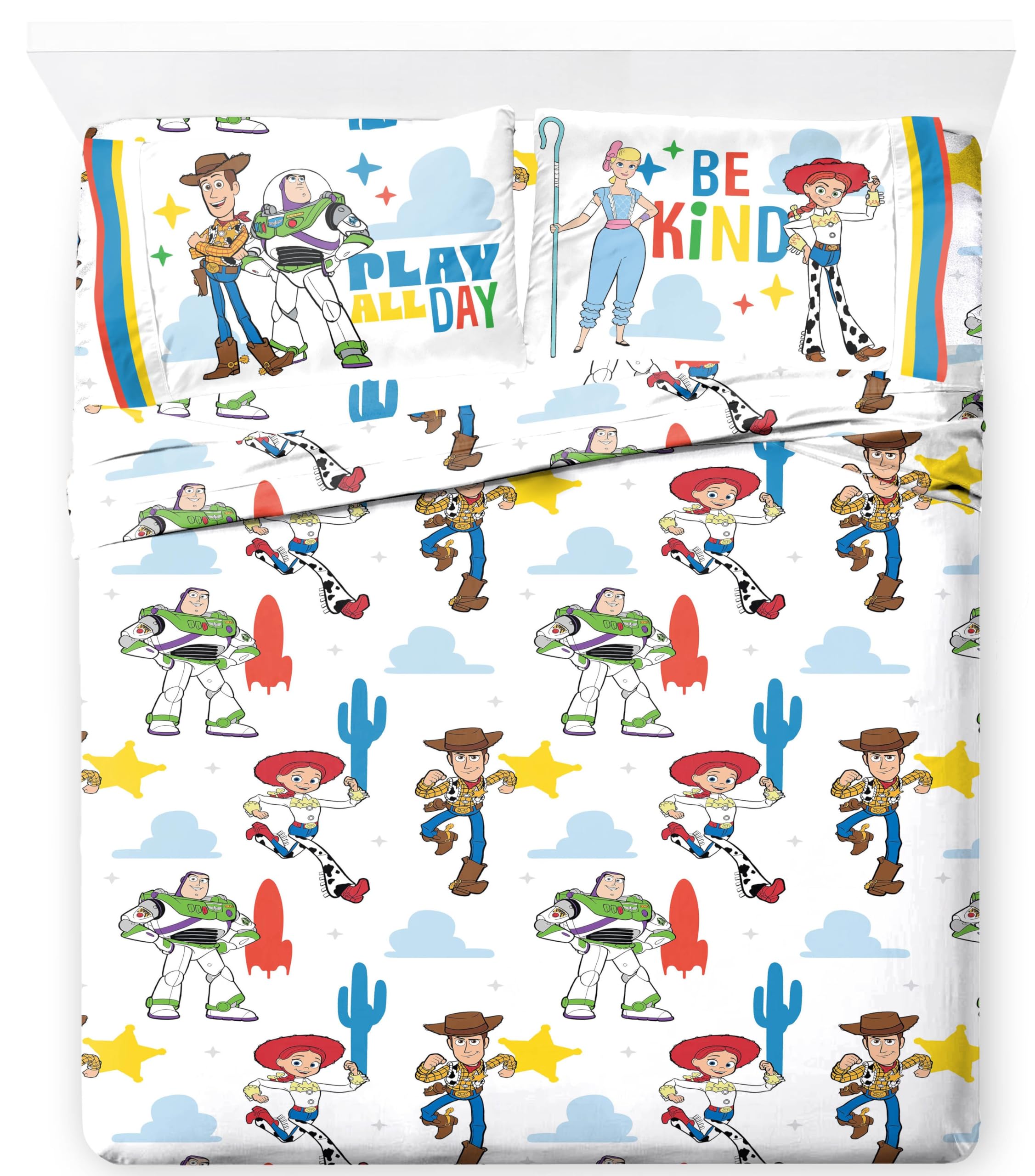 Jay Franco Kids Sheet Cartoon Set with Fitted, Flat Sheets & Pillow Cover - Ultra-Soft Bedding with Pillowcase for Room Decor, White - Toy Story, 4 Piece Queen