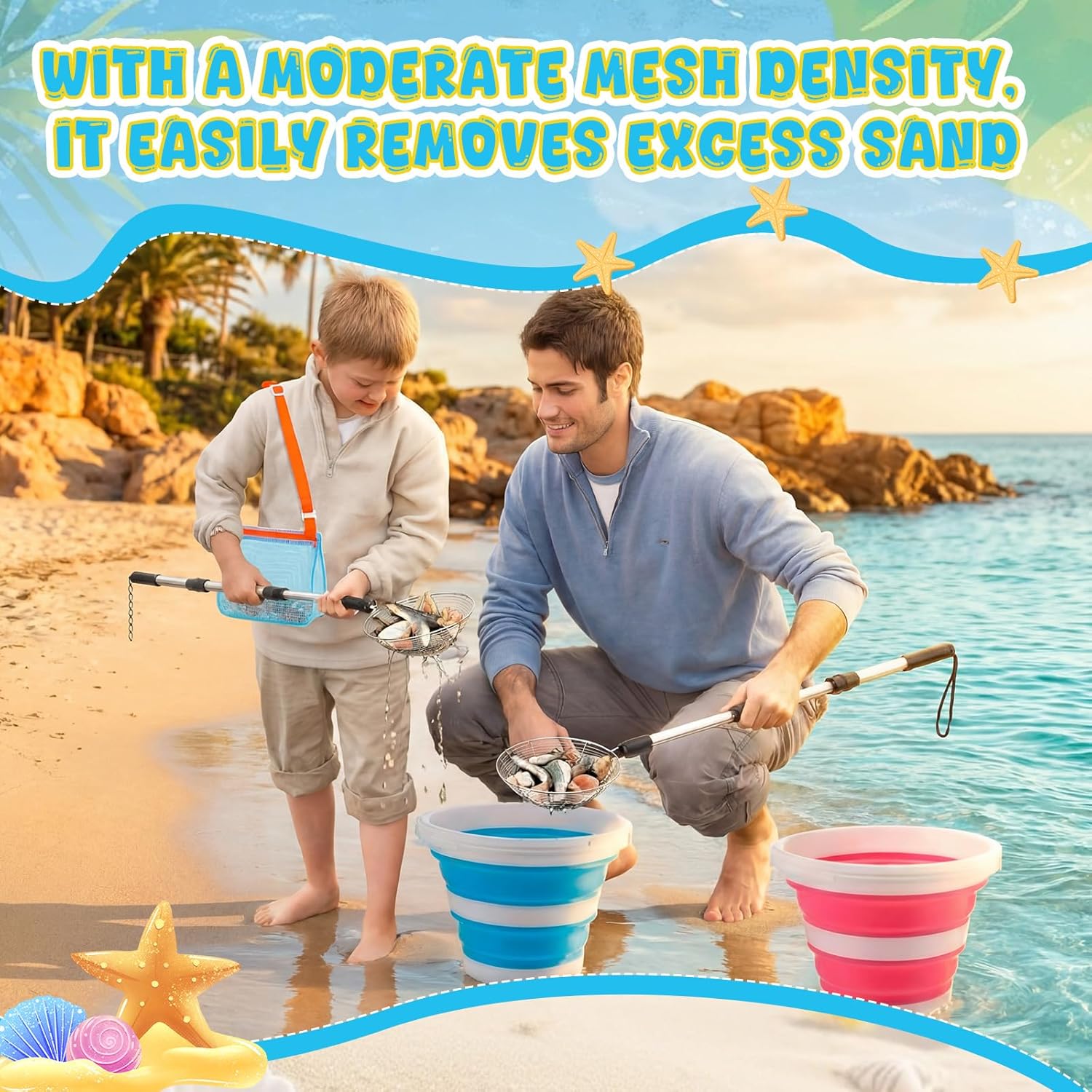 Silipull 8 Pcs Shark Tooth Sifter Shelling Tools for Beach Include 2 Beach Mesh Bag 2 Sand Sifter 2 Mesh Shovel Scoop 2 Foldable Bucket for Shell Collecting Kids Girls Boys Summer Sand Toys Gift