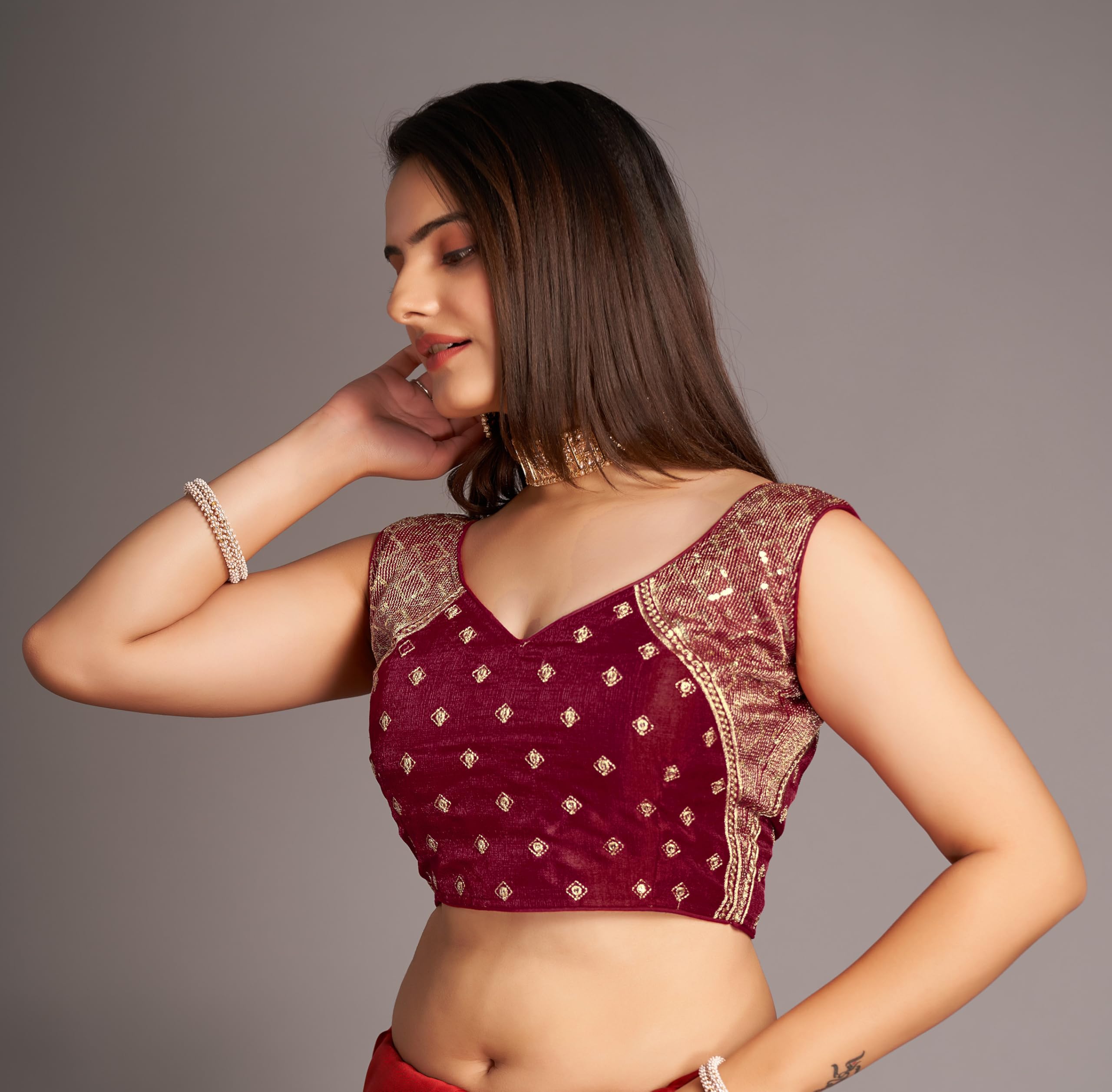 Pujia Mills Women's Sequin Embroidered V Neck Sleeveless Maroon Readymade Saree Blouse Indian Ethnic Stitched Padded Blouses For Women