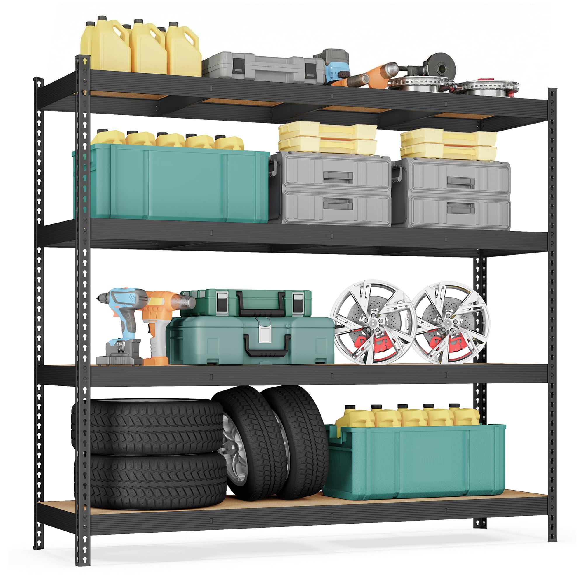 SONGMICS 4-Poziomowy Regał Magazynowy, Stal i MDF, Nośność 2000 kg, Bezśrubowy, Regulowane Półki, 200 x 60 x 183 cm, do Garażu i Warsztatu, Czarny, Kolekcja COZORY GLR728BZ01