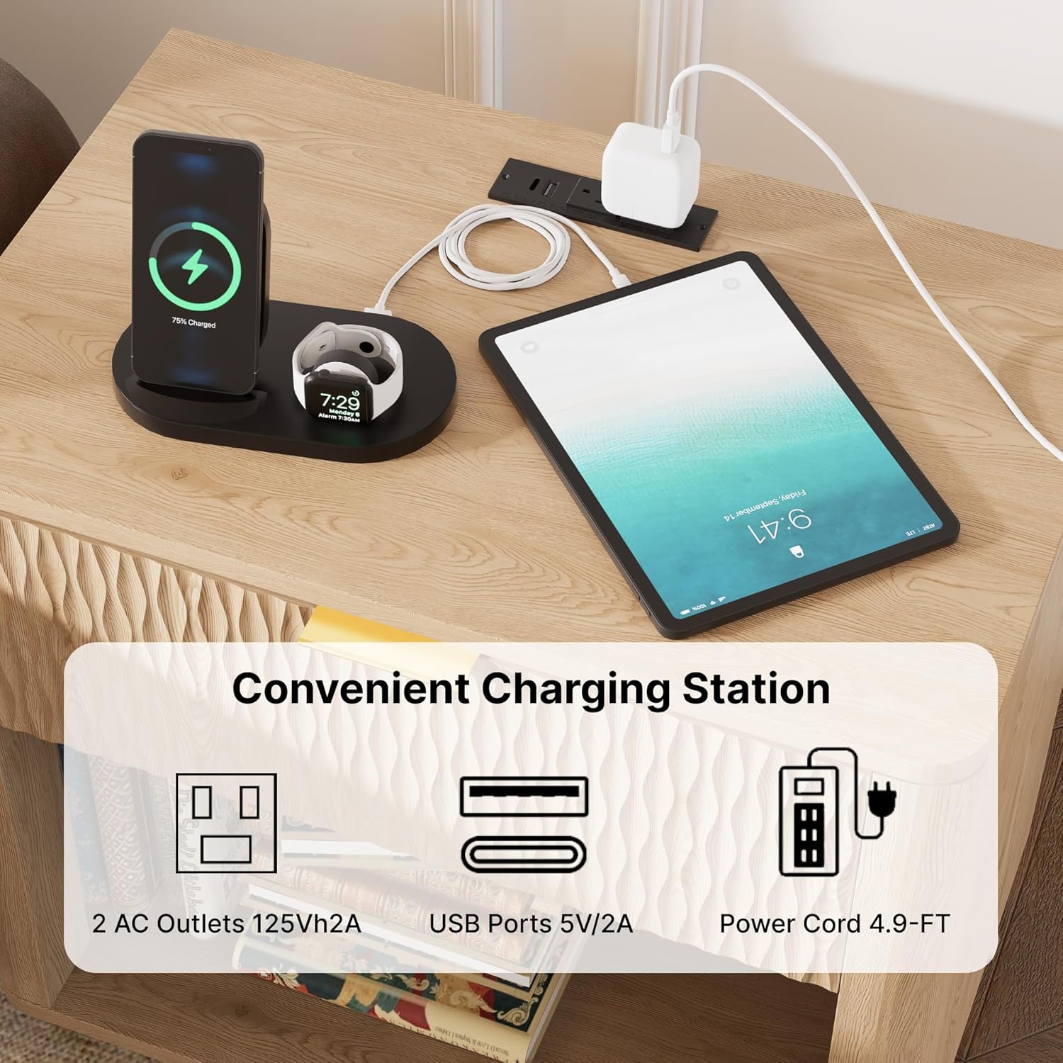 Fluted Nightstand, 22" Boho Modern Bedside Table with Drawers, Wide Nightstand with Charging Station for Bedroom, Natural Oak