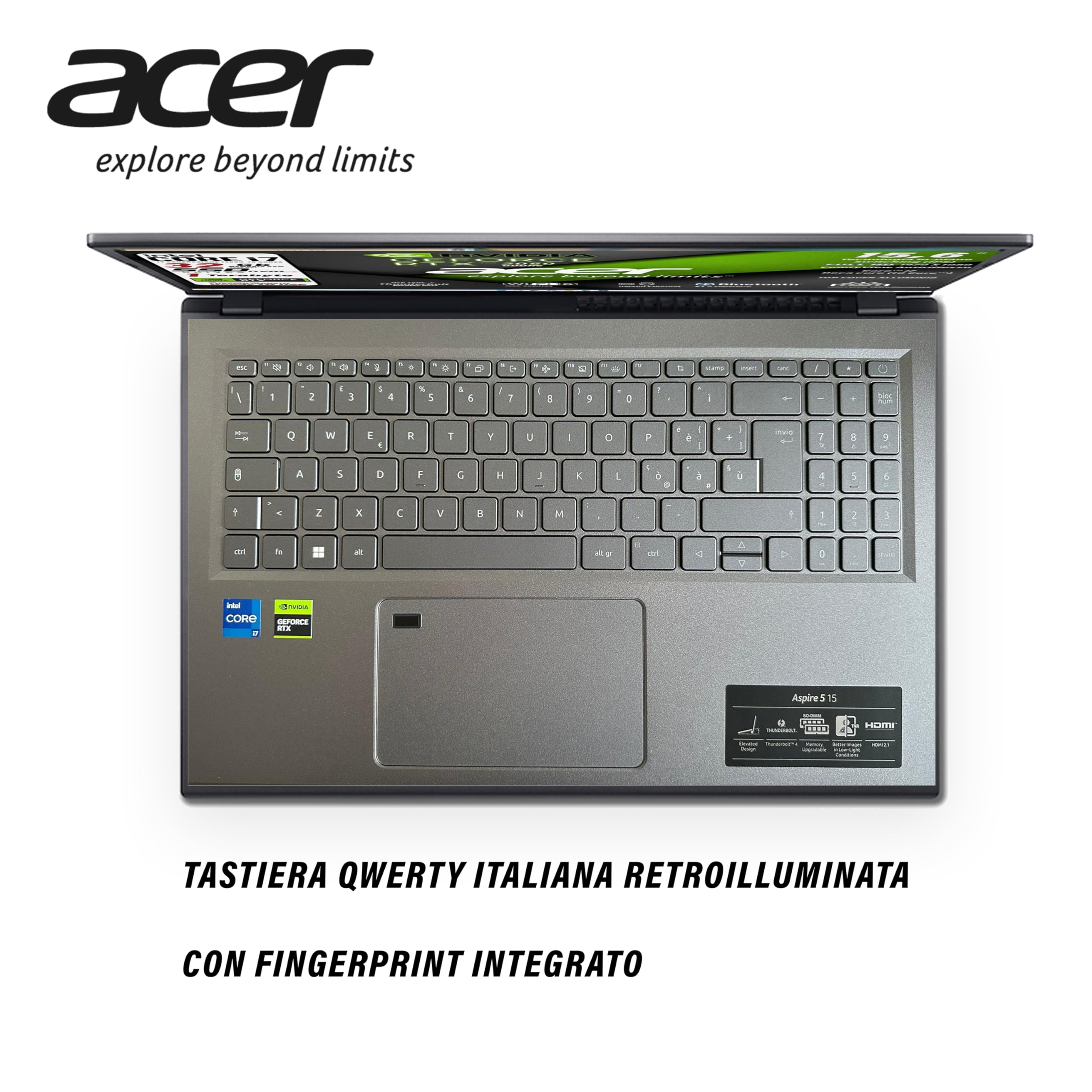 acer Notebook Intel Core i7-1355U 13th, 10 Core 5 Ghz, RAM 32 Gb, SSD Pcie 1Tb, 15.6" FHD IPS, Svga GeForce RTX 2050, Tastiera retroilluminata, Finger, Wi-Fi 6, LAN, HDMI, Win 11 Pro, pronto all'Uso