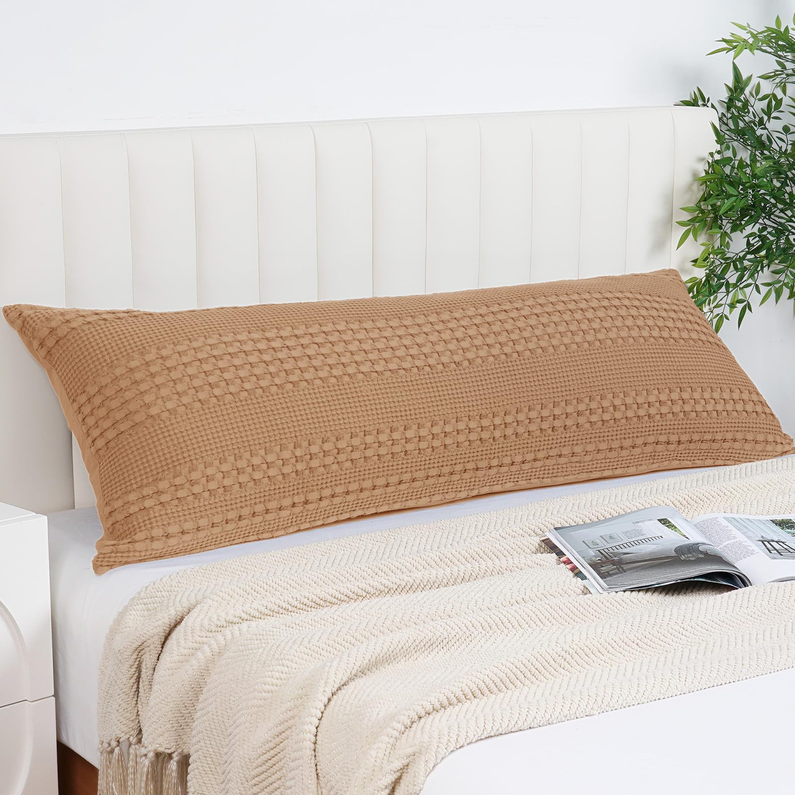 phf 100% cotton waffle body pillowcase with zipper, 1 pack 20" x 54" soft skin-friendly pillow sham, no filling, aesthetic woven and breathable waffle weave body pillow cover for bed, clay