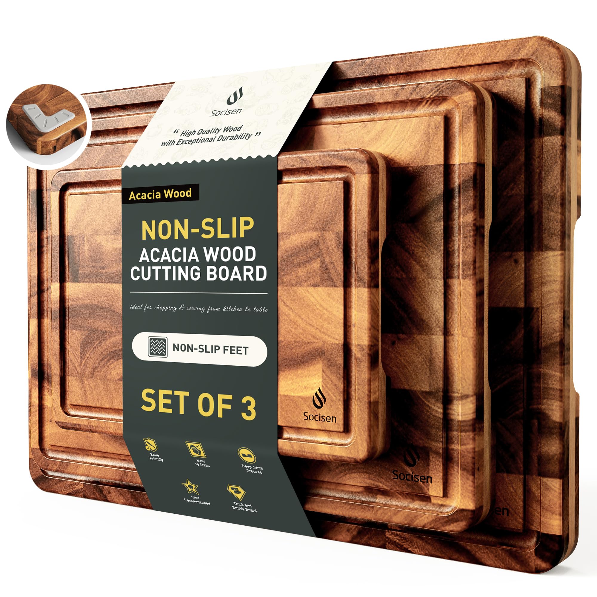 Photo 1 of End Grain Cutting Board Set of 3 with Non-slip Feet, Reversible Acacia Wood Cutting Boards for Kitchen with Juice Grooves and Handles Non Toxic Chopping Board Butcher Block Serving Tray Kitchen Sets