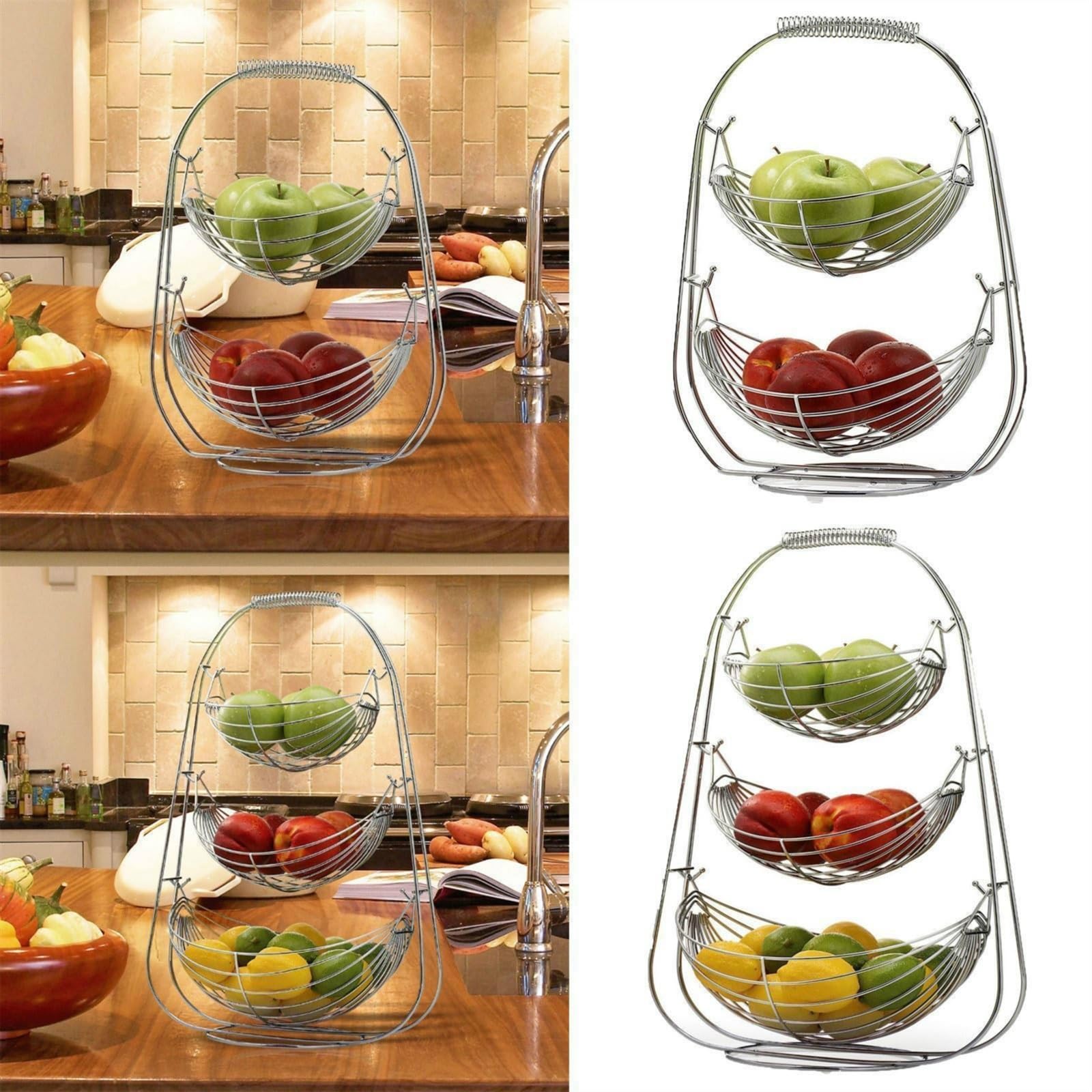 Estantes de frutas Cesta de frutas metal 3 niveles, cesta almacenamiento y verduras for encimera cocina, organizador desmontable for productos bocadillos pan