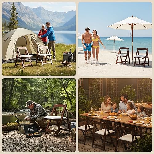 Miniatura 8 de Silla plegable apilable de madera con cojín, 1 silla plegable portátil para eventos de oficina al aire libre, boda, fiesta, restaurante, sala de