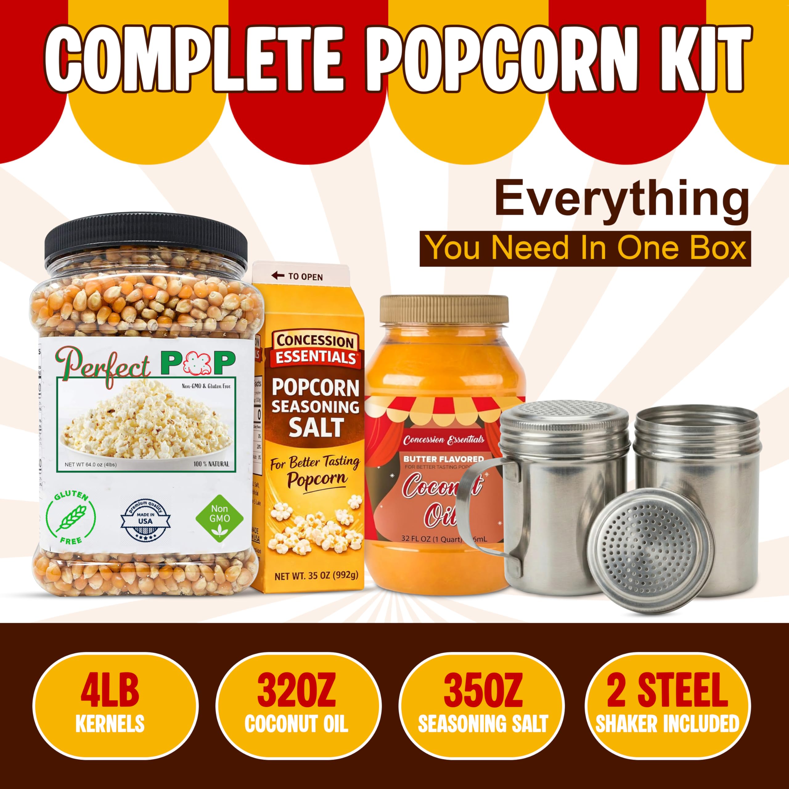 Concession Essentials Kit per popcorn – 1,8 kg di chicchi di popcorn gialli, 32 once di olio di popcorn al cocco, 992 g sale per popcorn e shaker in acciaio inox – Kit per popcorn in stile cinema