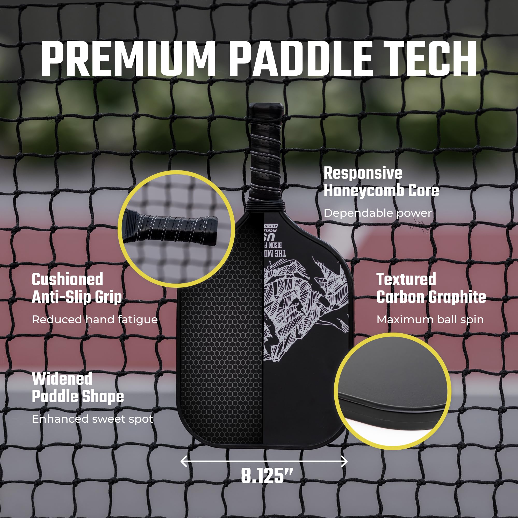 Bison Paddles: Grafitowe rakiety do pickleballa - lekkie rakiety do pickleballa | Rdzeń kompozytowy o strukturze plastra miodu poprawia ułożenie piłki do pickleballa i zwiększa moc