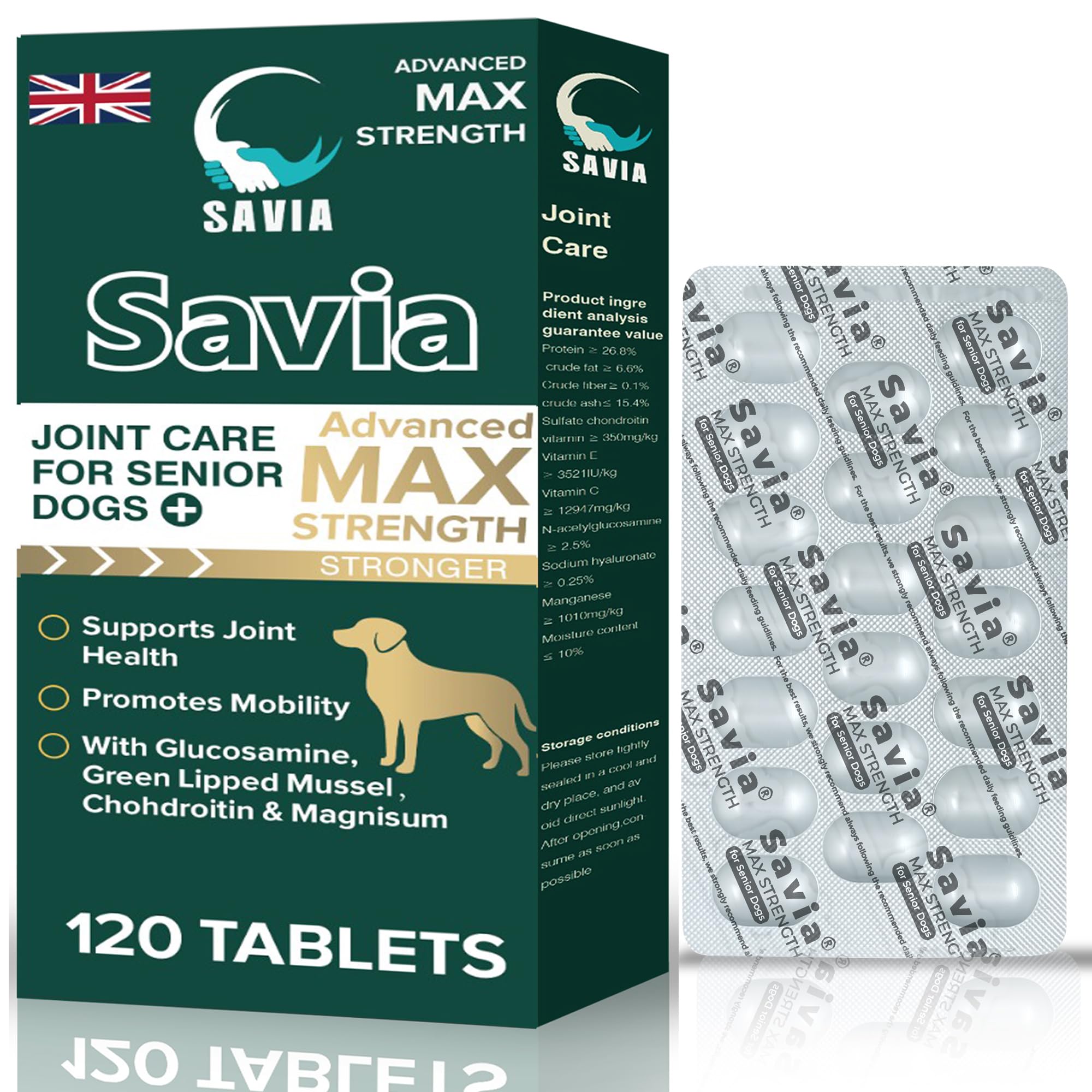 Savia Joint Supplements for Dogs Max Strength Dog Joint Aid Glucosamine Chondroitin with Green Lipped Mussel for Senior Dogs, Hip & Joint Support Tablets, Mobility & Arthritis Care, 120 Tablets