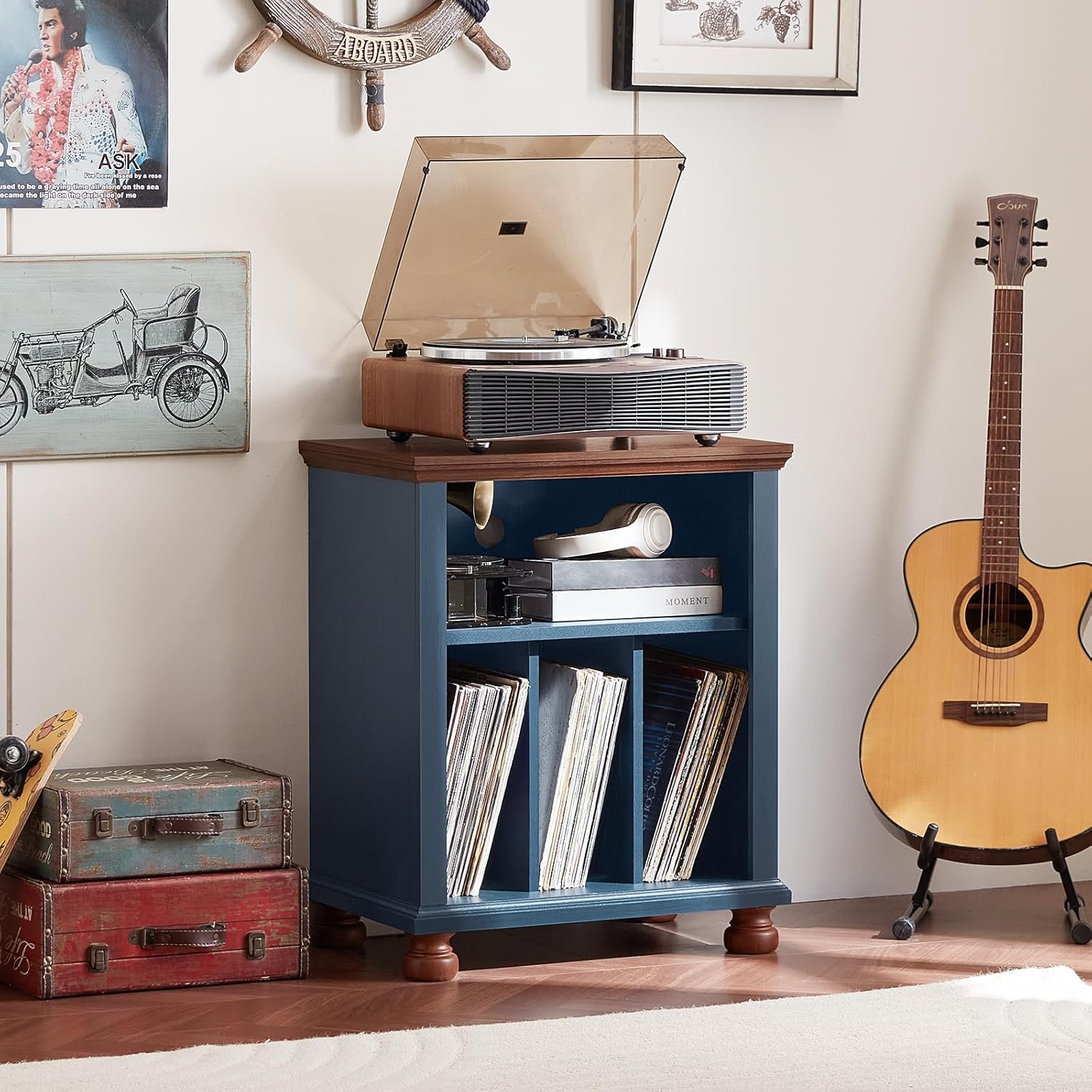 Joaxswe Record Player Stand with Vinyl Record Storage, 24" Wide Mid-Century Record Player Table Up to 200 Albums,Large Wood Turntable Stand Cabinet Dispaly Shelf for Living Room,Bedroom,Blue