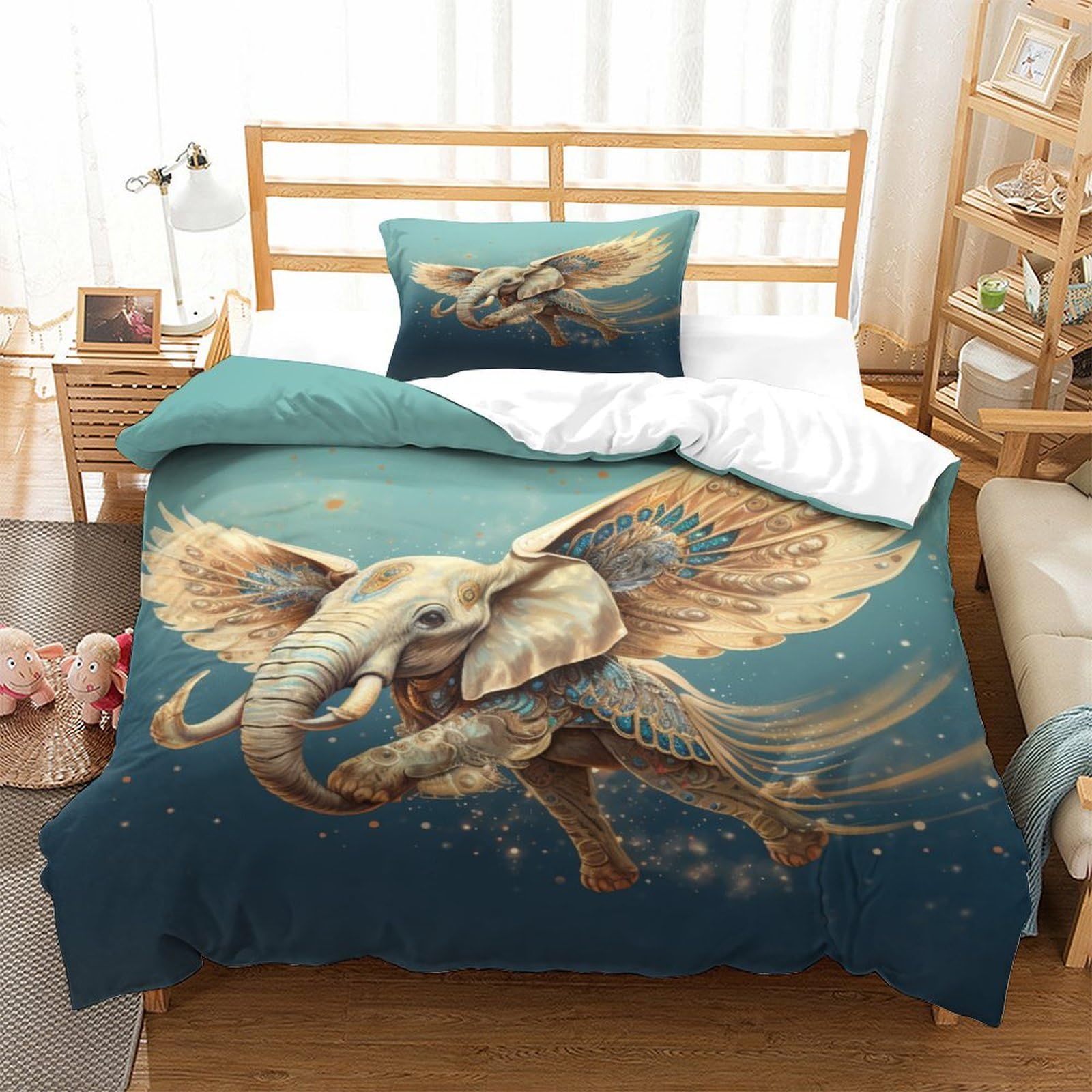 P1S9U7W5Y Whimsical Elephant 3D Printed Microfiber 3 Pieces Duvet Cover Set for Teens, Animal Bedding Set, Soft Breathable Bedroom Decor Single（135x200cm）