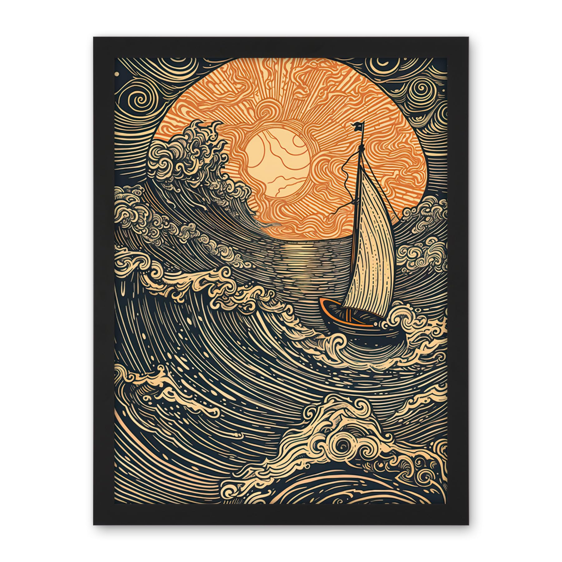 Artery8 Boat Sailing into the Sunset Linocut Illustration Artwork Framed Wall Art Print 18X24 Inch