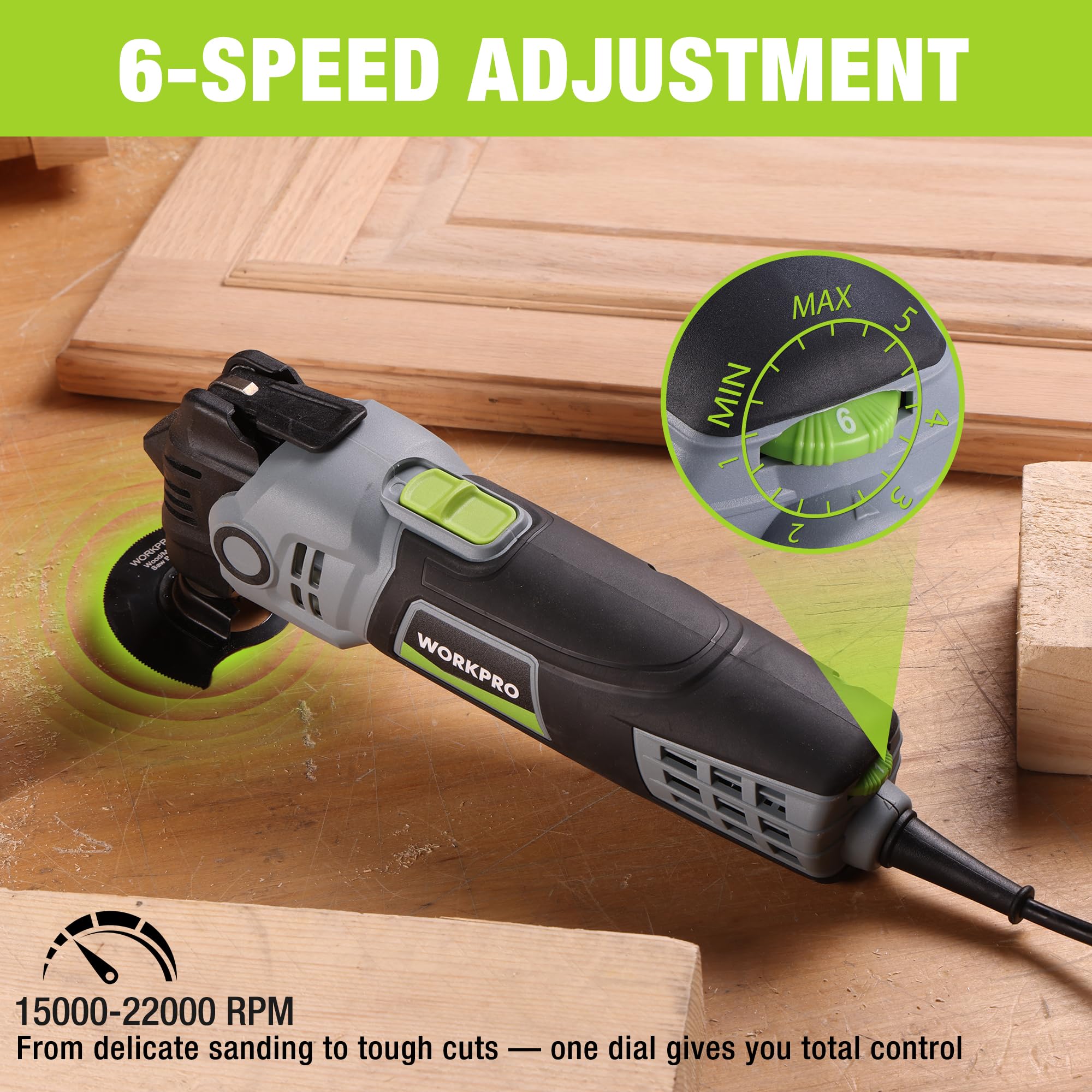 WORKPRO Multi Tool 400W, 6 Speeds 15,000-22,000 RPM Oscillating Tool, 3.5° Oscillation Angle, Quick Change Blade System - Image 3