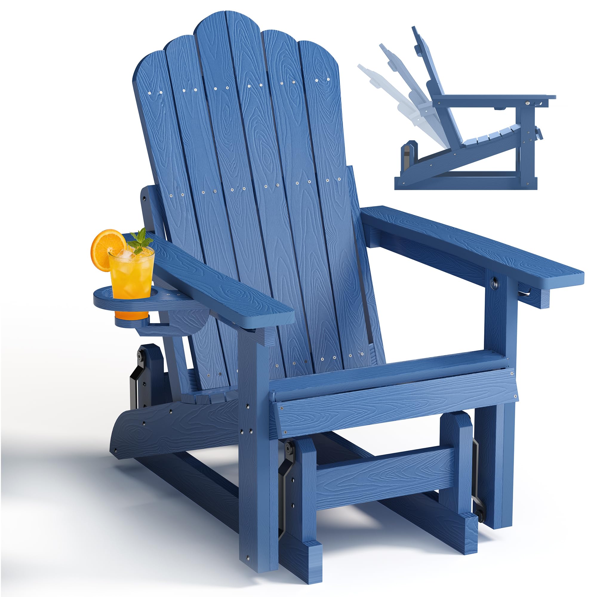 Silla Adirondack con Respaldo Ajustable, Mecedora de Patio con Efecto Madera y portavasos, Ideal para Exteriores, con Mecanismo de balanceo Suave y Capacidad de Peso de 200 kg.