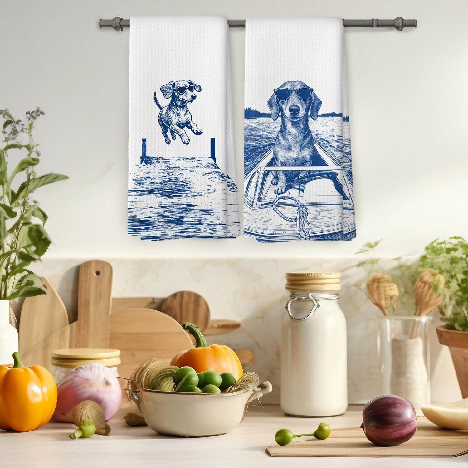 Lake House Decor Dachshund Kitchen Towels Set of 2, Summer Funny Lake Dog Coastal Bathroom Hand Towel, Dog Lover Gifts Tea Towel Dish Towels 16x24 Inch - Image 4
